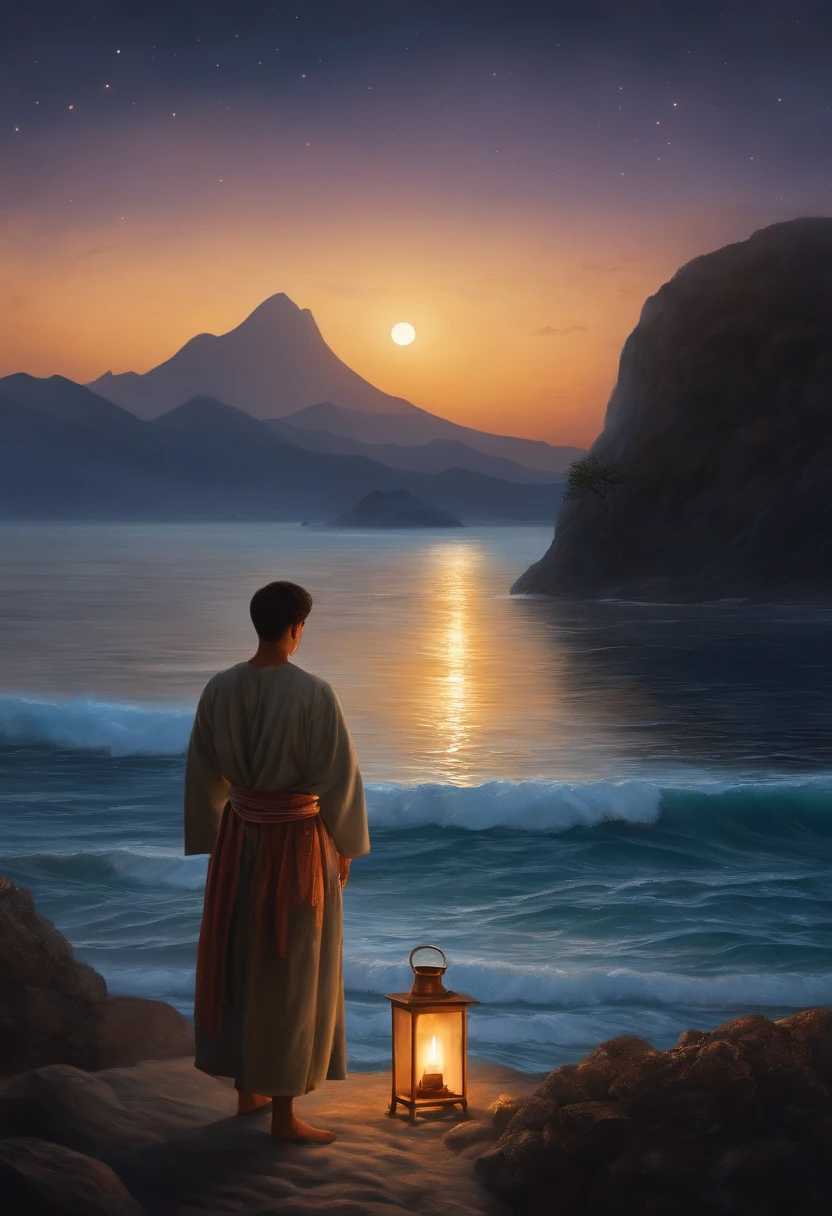 The painting begins with a magical night sky, the full moon and the mountain. A young man stands sad and calm, wearing traditional clothes expressing farewell. The man holds in his hand an urn containing his wife's ashes. Next to him is a horse, gently leaning over to drop it into the sea. The ashes gently scatter in the air before gently falling into the calm waters of the sea. The sea can be seen under the mountain. A small sailing boat appears with a lighted candle on its