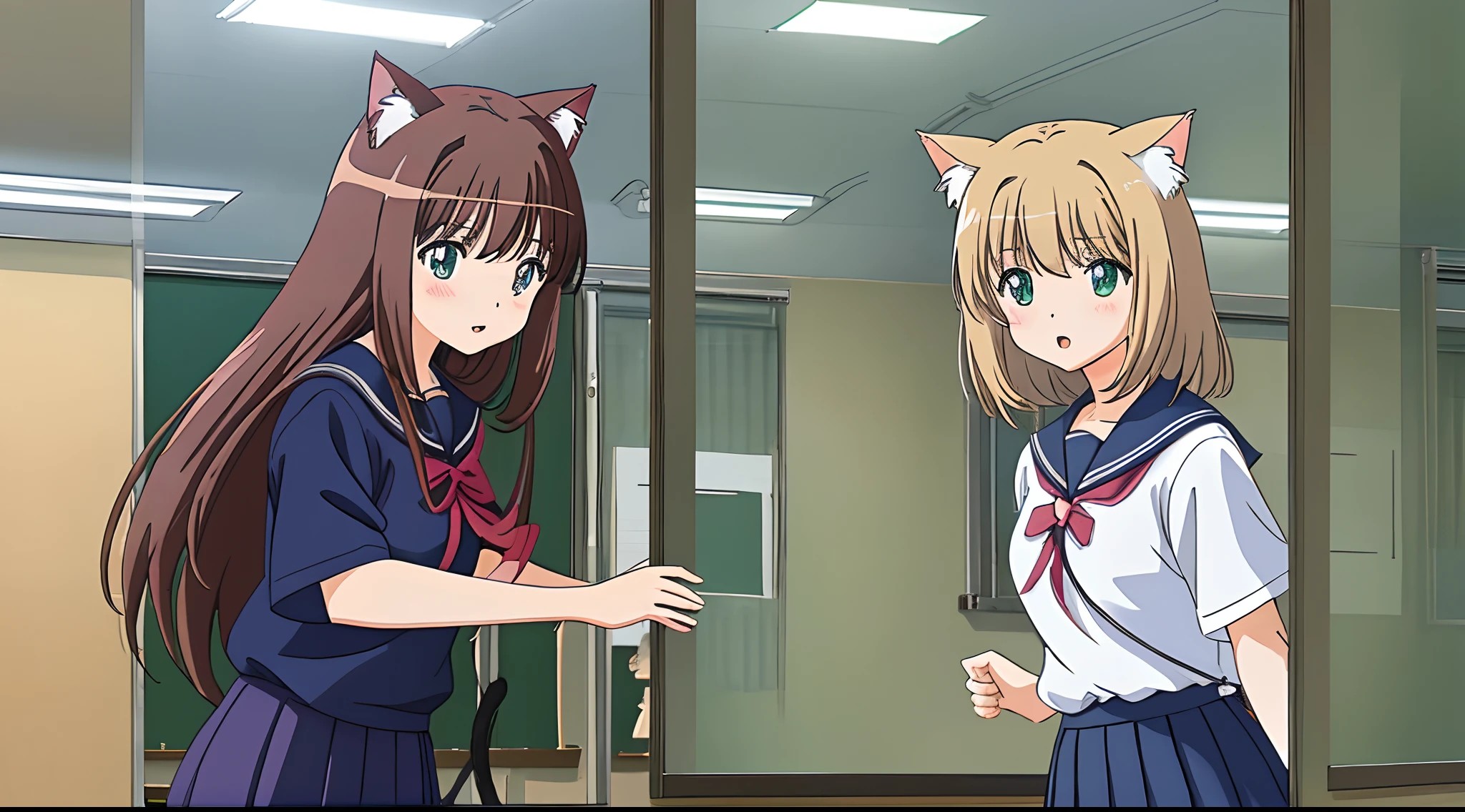 A cat girl wearing JK,High Picture Quality,style of anime,Clear lines,at class room