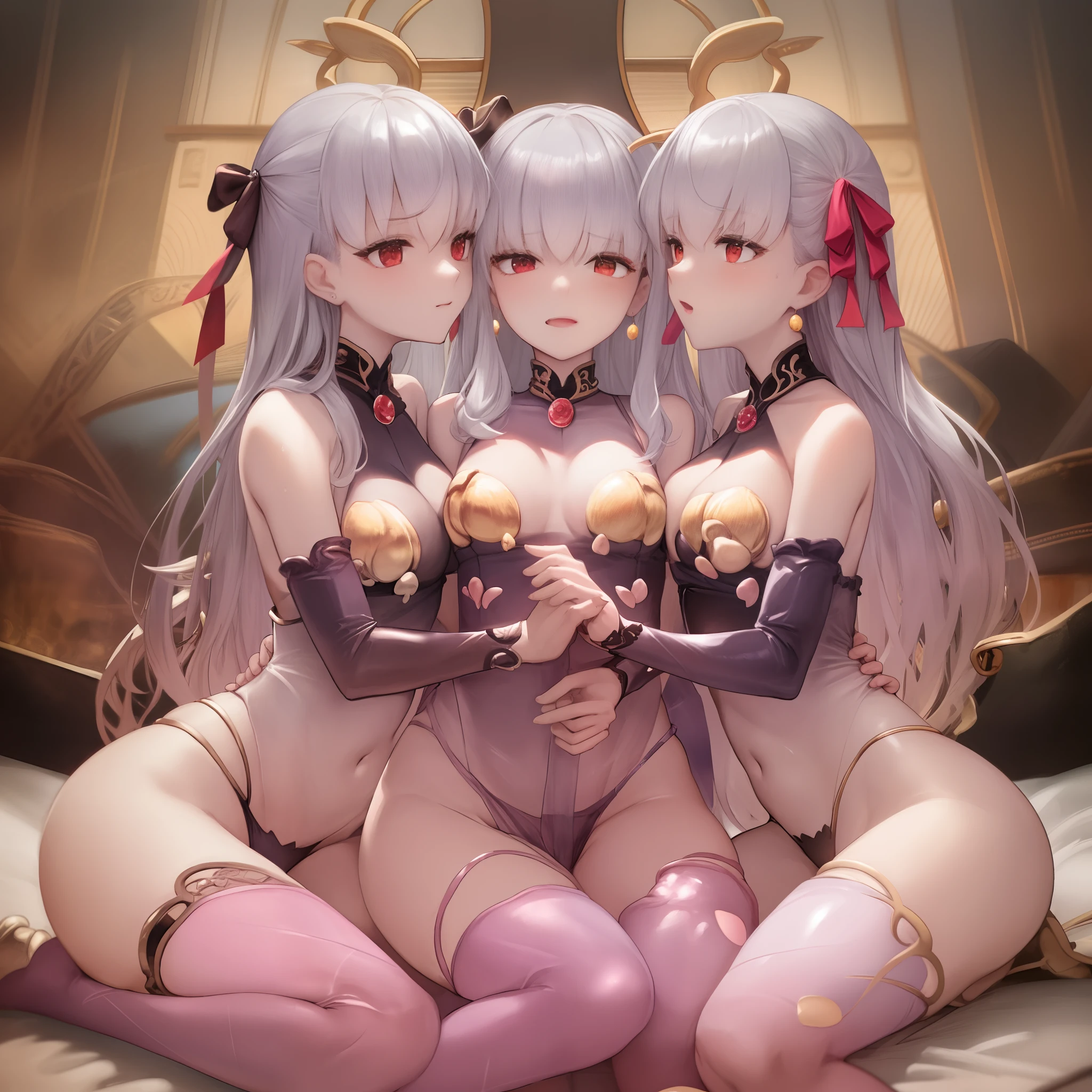 ((masterpiece)),((hightquality)),(((hight resolution))),(((crowd shot))),(((((clones))))),((Harlem Clone)),((Sister clones)),(((Purplish-silver hair only hair color))),((((purplish-silver hair with a red ribbon,,)))),((((((Illustration of purplish-silver-haired clone sister harem wearing red ribbon)))))),(((Fate))((FGO)),((Kama)),,(((Lots of clone sisters lying on big bed in sexy poses in harem))),((((Sheer Babydoll Underwear)))),((all girls are sisters)), ((Clone sister harems huddle together in bed、Engage in radical skinship)),((((Ecstatic woman blushing on screen)))),(((Sweaty figure))),(((Clone sisters hugging each other in harem))),((Meet at the Clone Sisters Harlem)),((Clone Sisters Harlem Kiss)),((Licking each other in the harem of clone sisters)),((Rubbing each other's breasts in the harem of clone sisters)),((Stroking each other's crotches in a harem of clone sisters)),(((Superb female body))),((Exposing the soles of the feet)),((Exposing the armpits)),
