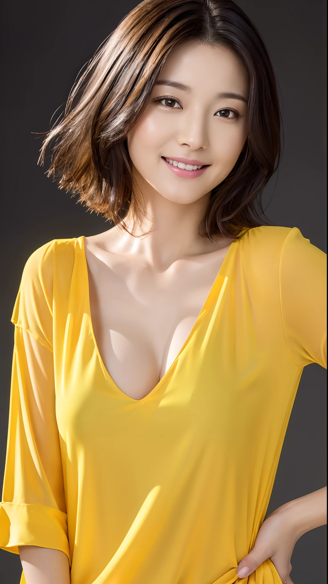 (masterpiece:1.3), (8K, Photorealsitic, RAW Photography, Top image quality: 1.4), Japan beautiful woman in her 40s, (1girl in), beauitful face, (lifelike face), (A dark-haired, short-hair:1.3), Beautiful hairstyle, realisticeyes, Eyes in Beautiful Details, (real looking skin), Beautiful skins, enticing, 超A high resolution, A hyper-realistic, High Detail, the golden ratio, (Detal Face:1.2), see the beholder,a smile,Open wet yellow shirt,middlebreast,is standing,put hands on the hip
