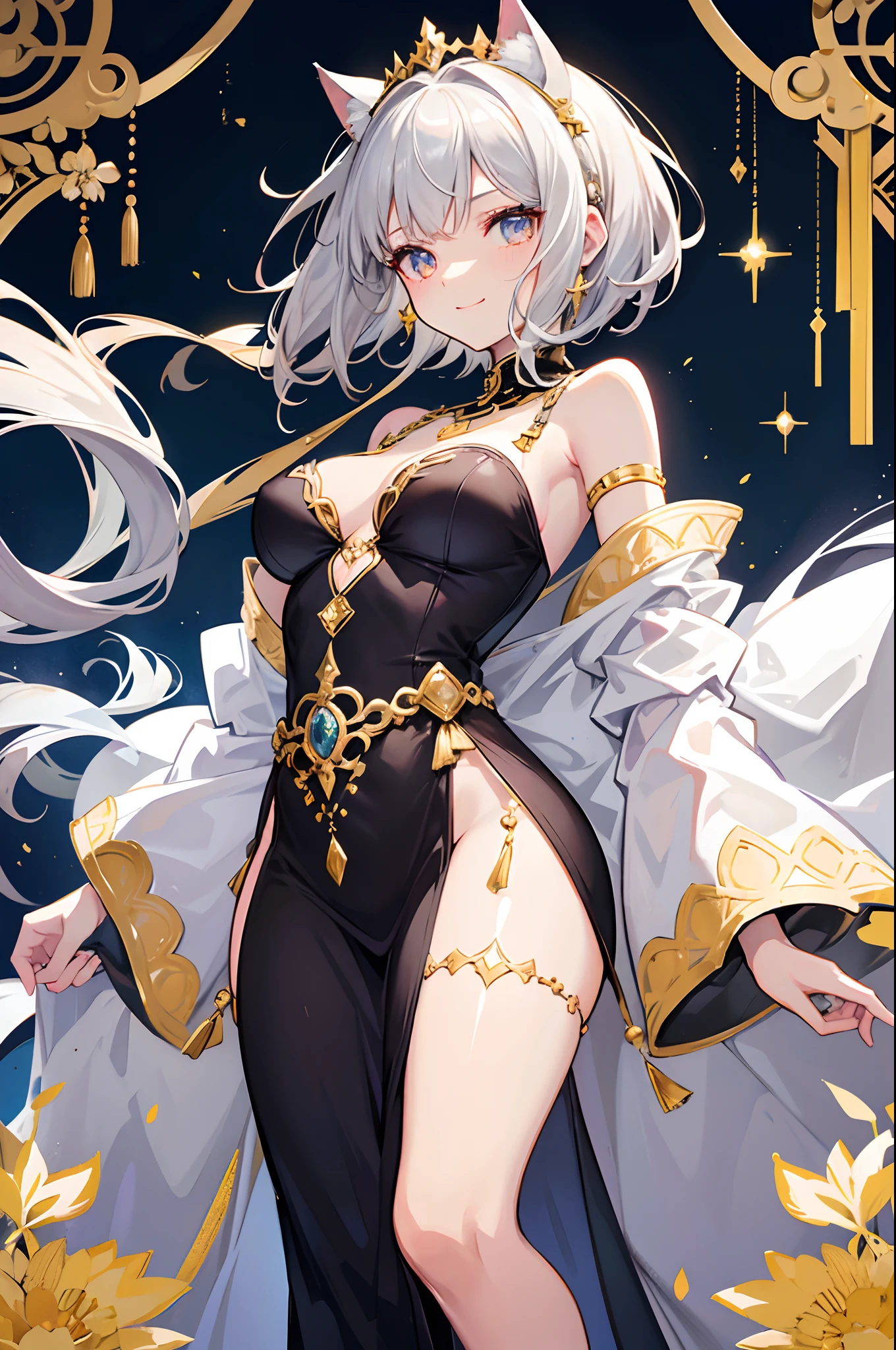 Cover magazine, anime young girl, , A cat-eared girl. Short hair, gray hair, solo, her eyes are reddish yellow. Short, dark skin, brown skin and small breasts. She smile to viewer, she naughty. Her bangs were trimmed with a slight sideways braid to expose her forehead. A simple golden sun symbol was painted on her forehead. There was a pair of gold ornaments in the shape of parallel petioles on her head that were beautifully arranged to resemble a tiara. Her black cat ears were polished so that they were slightly silvery. Gold rings can be seen encircling her tail and ears. Her style is Middle Eastern, Arabian style. Her clothes are typical of the Sultanate family (princess) and are dominantly white complete with various jewelry as accessories.