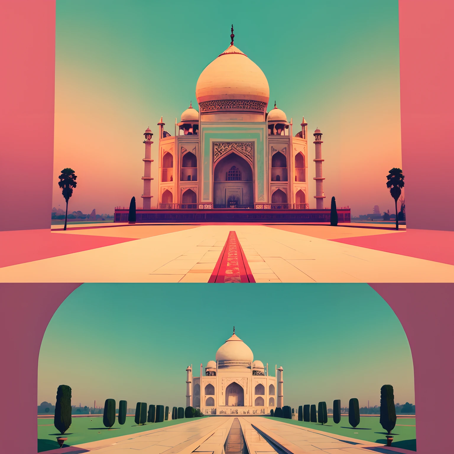 Taj Mahal India flat design, not too complex, modern
turquoise green and pink colours, long shot --no text,ar 5:7