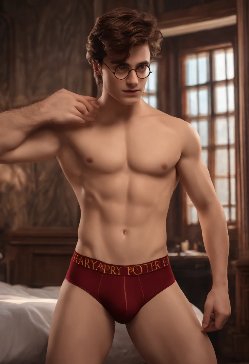 Harry Potter undressing himself. He is showing his armpit hair and is in her underwear. There is a bulge showing. Realistic 4k Realism