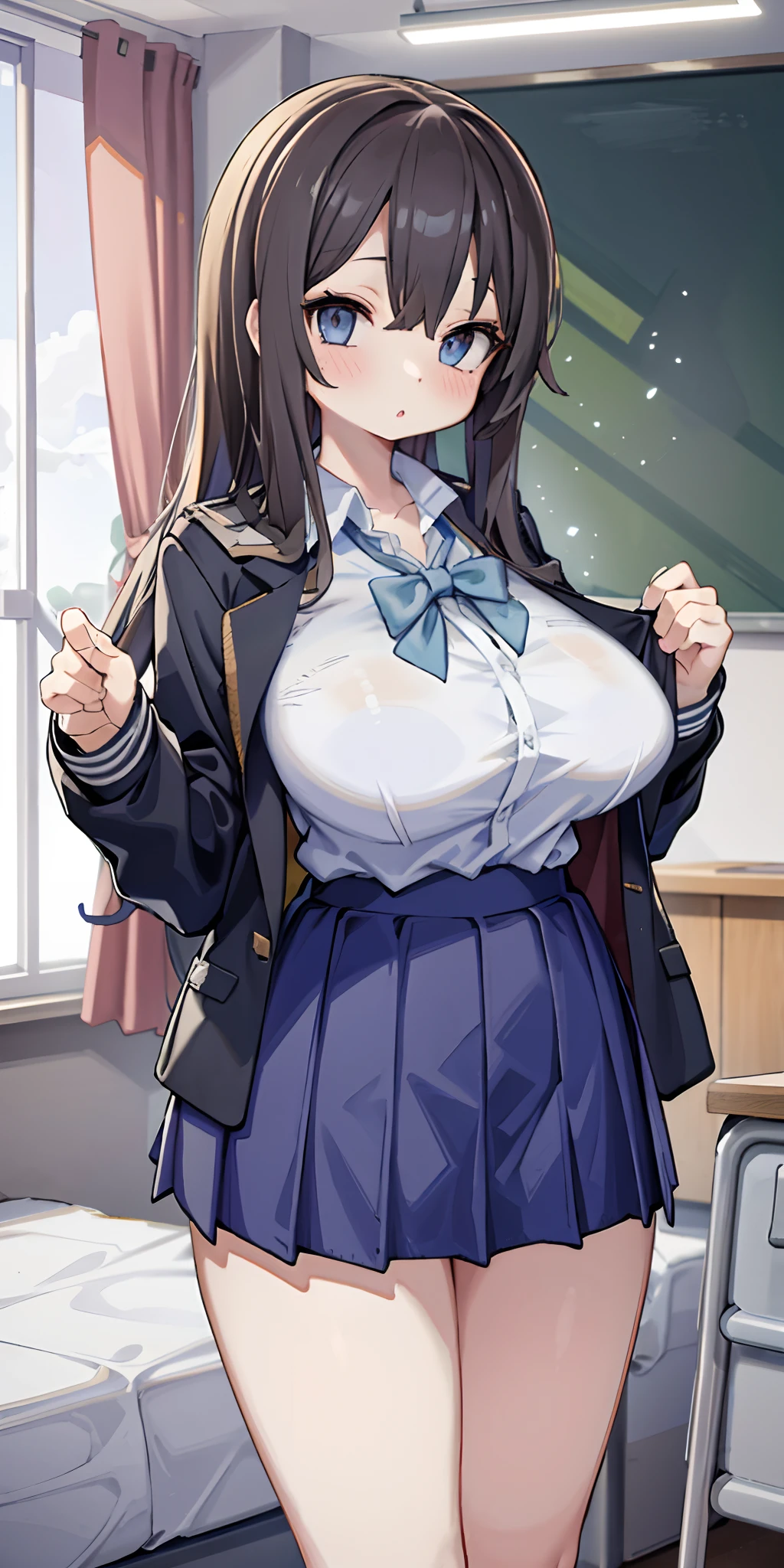 Realistic, Masterpiece, best Quality, perfect anatomy, (Detailed Eyes), One High School Girl, school uniform, Huge breast, Sweat, ponytail, earrings,  between breasts, center opening,   pelvis curtain, (wide hips), shy smile, embarrassed, (look up),  standing split, leg up,leg lift,standing on one leg, White panties, showing underwear