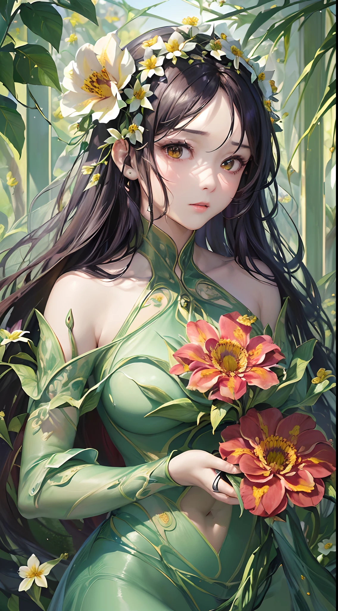 ((Finest quality)),(超A high resolution),(ultra-detailliert),(Meticulous portrayal),((best pictures)),(Finest works of art),Ultra-Precision Art,The art of astounding depiction,Fantasyart:1.5, ((Beautiful flowers々:1.5)),Vine plants:1.5, (Body being eroded by flowers:1.3),Glamorous Body