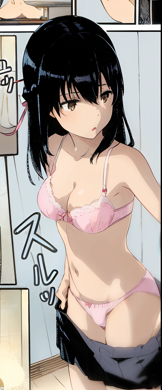 shinkai makoto, kimi no na wa., 1girl, bangs, black hair, brown eyes, waterfall braid, red ribbon, long hair, topless, pink bra, breast, medium breast, pin panties, skirt pulled down, solo,  cowboyshot, cute, partled lips, bedroom, night, lamp, masterpiece