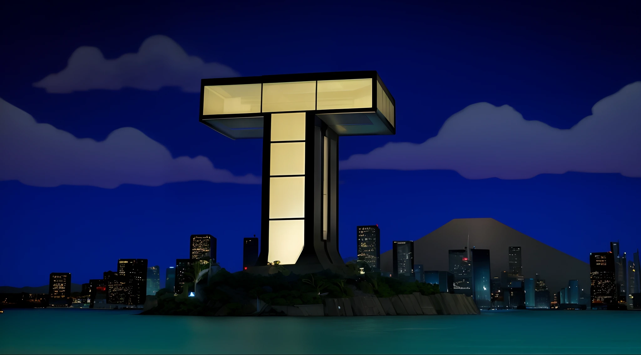 Teen Titans Tower, Metal and Glass Tower in the shape of a T. blue sky with detailed clouds. Ocean, there is a T shape Tower on a hill overlooking a city, Masterpiece, best quality, (very detailed CG unified 8k wallpaper) (best quality), (best illustration), (best shade) Large windows with yellow lighting from the inside of the T shaped tower, Night time. Clear reflective ocean water, Realistic, Very detailed water, Very detailed city building in the background, Depth of field,
