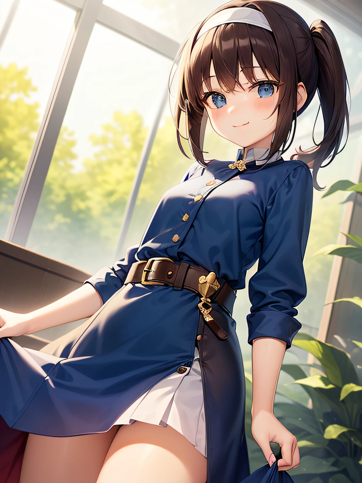 top-quality、extremely delicate and beautiful、Teen Girls、small tits、((((Solo Girl))))、11years old  girl、(dark brown hair)、Blue clothes with vertical buttons、Belt at waist、White skirt、((((poneyTail))))、(white hairband)、(Brown boots)、blue eyess、is standing、A smile、Sister of the Brave