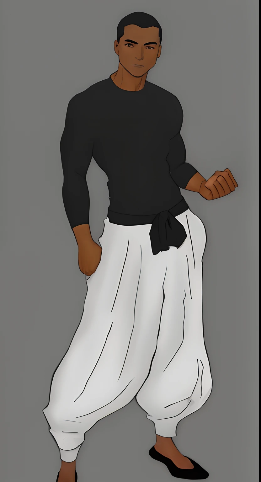 homem de pele morena, com punho direito fechado, White pants and black blouse