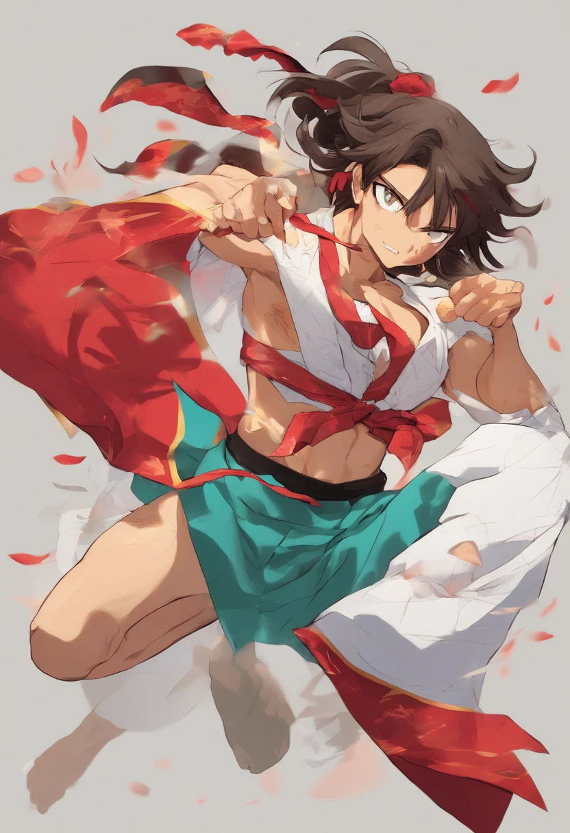 Create a detailed description of Thorne Phoenix, Una persona de unos (((40 year old))) who possesses an impressive and formidable physique, que recuerda a la asombrosa musculatura de figuras como Retsu Kaioh de Baki o Biscuit Oliva, (musculoso), (culturista), Thorne is dressed in a flashy ((((kimono de kung fu))))) con vibrante ((colores turquesa y rojo))..., with a particular emphasis on these tones. The kimono is adorned with four ornate buttons: uno en el cuello, dos en los antebrazos, and one hanging from an earlobe. Thorne has a tanned complexion and complements the incredible definition of the muscles that ripple beneath the fabric...., exudando un aire de fuerza y resistencia incomparables. El pelo largo de Thorne, It is neatly arranged in a style that includes ((((colas de caballo distintivas))), adding to its unique appearance. She also wears a scarf in the same vibrant turquoise and red colors.... Thorne esta haciendo un saludo de kung fu, and there is fire behind him, y ondas de Ki.