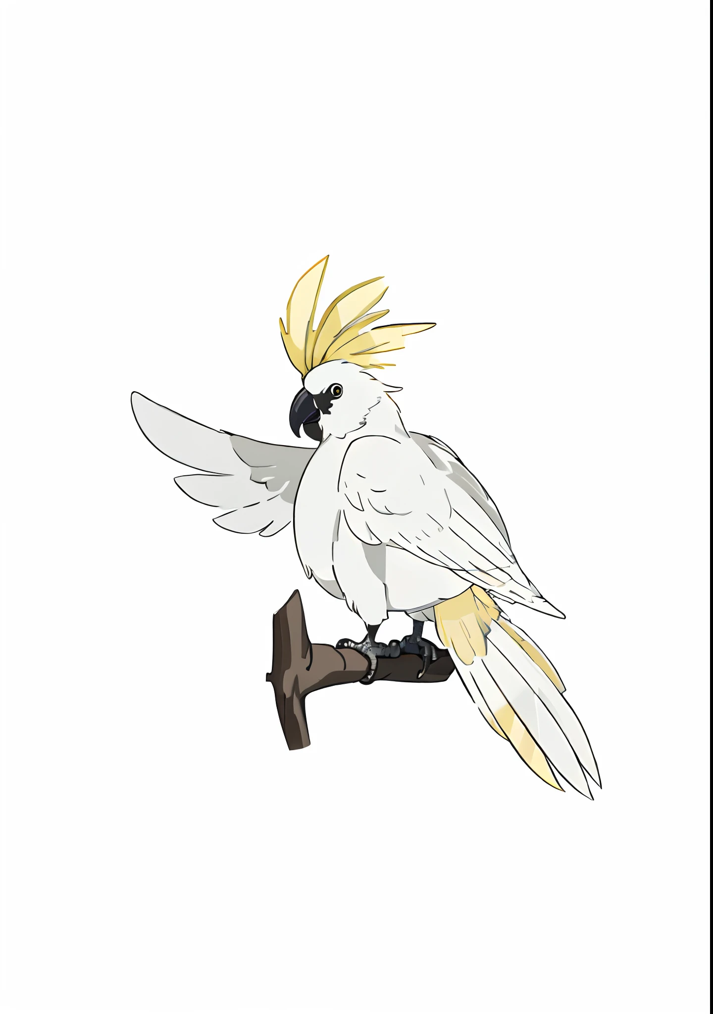 there is a white bird with yellow feathers sitting on a branch, cockatoo holding a trumpet, cocky, cocky expression, anthropomorphic bird, pet bird, parrot, is looking at a bird, style of titmouse animation, royal bird, with a yellow beak, on clear background, cocky smirk, birb, standing bird