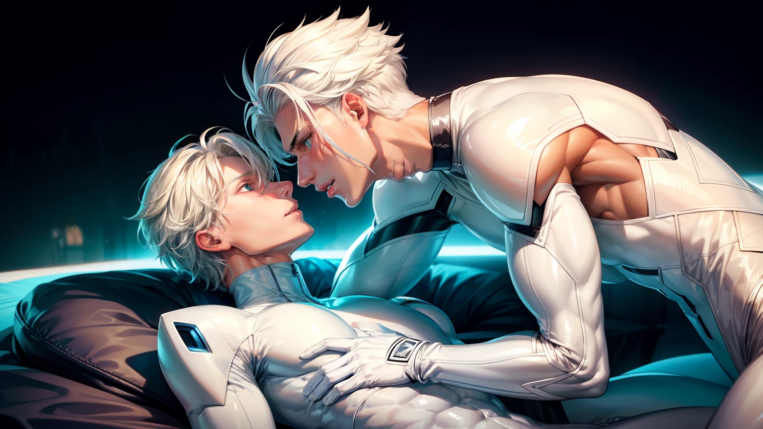 body suit, white suit, futuristic suit, gloves, white gloves, skin tight bodysuit, toned male, teenager, young male, beautiful face, bodysuit, futuristic, sci fi suit, toned male, large erect bulge, nipples, shoulder guard, neck guard, blue eyes, tight gloves, white skin, two males touching each others face, kissing, white hair, beautiful bodies, white skin, white palms, two males, hands visible, clear skin