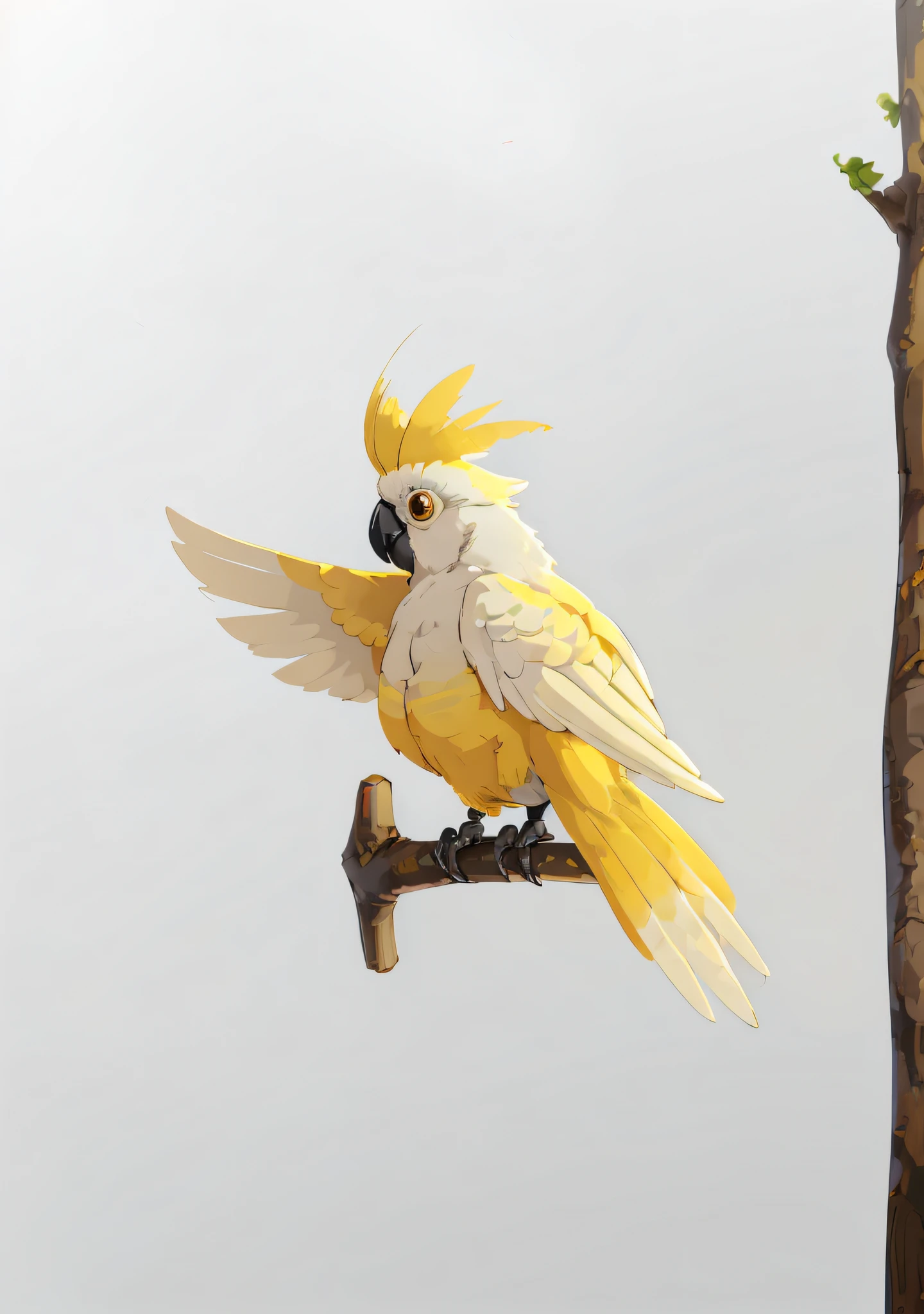 white background, anime style, cartoon animal, side view, a cockatoo, white yellow bird, perched on a tree branch