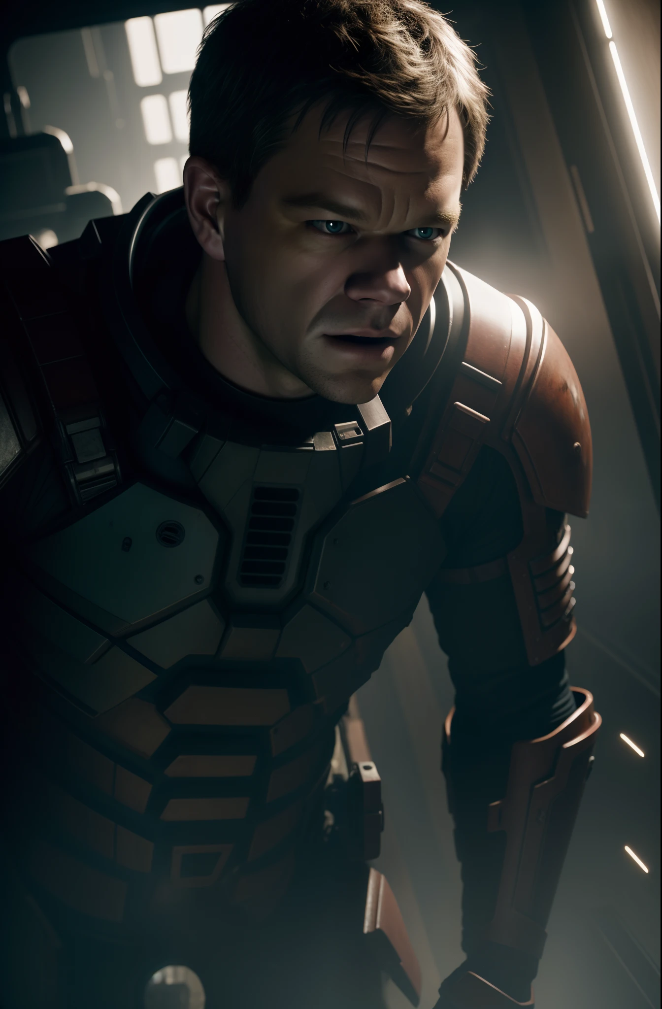 Sci Fi Horror Dead Space Matt Damon on Ishimura Haunted Ship photography, natural light, photorealism, cinematic rendering, ray tracing, the highest quality, the highest detail, Cinematic, Third-Person View, Blur Effect, Long Exposure, 8K, Ultra-HD, Natural Lighting, Moody Lighting, Cinematic Lighting