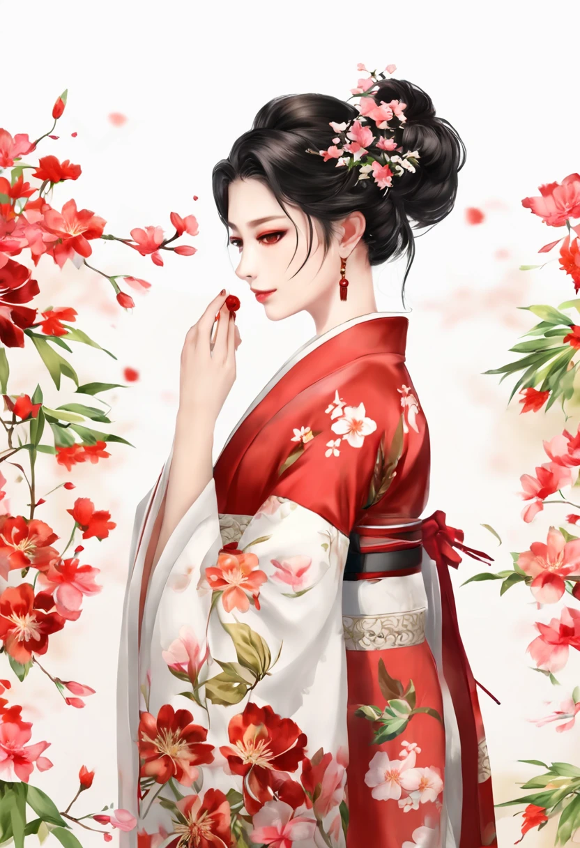 (A masterpiece:1.2, of the best quality), (exquisite eyes: 1.2), ((1女孩)), ((独奏)), (Red eyes:1.4), (exquisite eyes and exquisite face:1.3), ( beautiful and clear background: 1.2), (extremely detailed CG, Super detailed, best shadow: 1.1), ((Depth-Of-Field)), ((watercolor)), (oni: 1.5), (in kimono: 1.3), big boobs , Bare shoulders, Flowers and Petals, Beautiful Concept Art, (white back ground: 0.5), (illustrations: 1.1), (Extremely Delicate: 1.1), (Perfect Details: 1.1), Profile, cowboyshot,