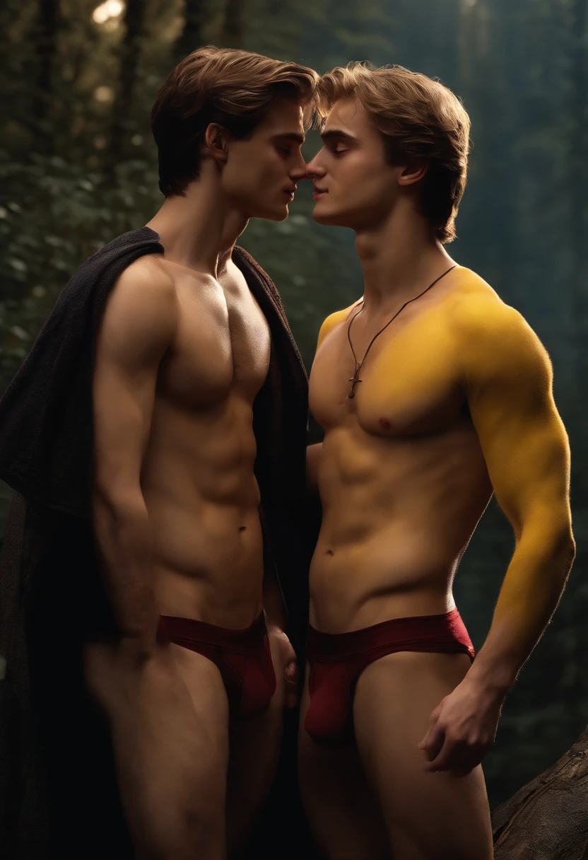 Cedric Diggory and Harry Potter Stand together touching each others bulges. They are only in underwear and scarves. Cedric Has a yellow one on and harry a red. They have bulges in their underwear and they are kissing. Sweaty and oily. Hyperrealistic 4k realism detail.
