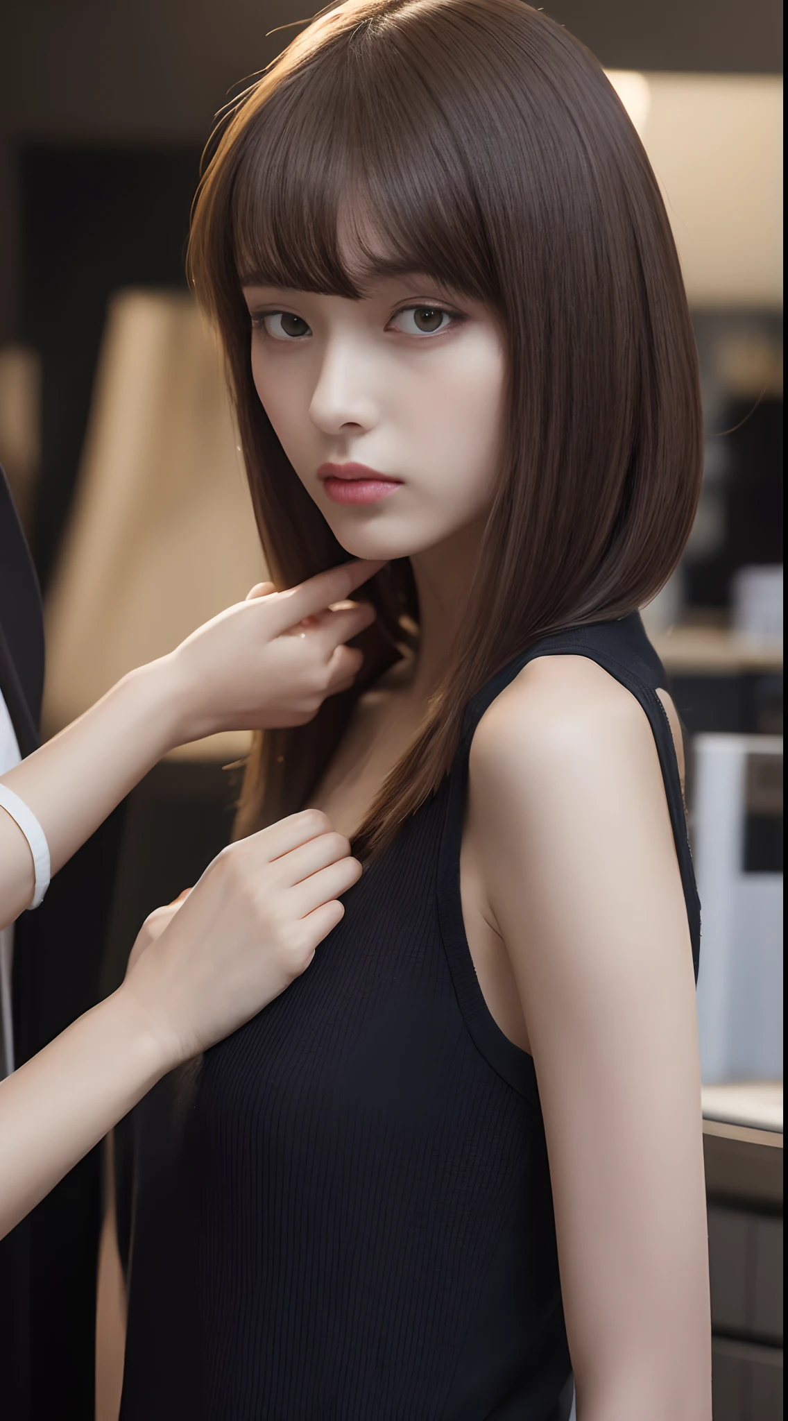 8k、A slender、An ultra-high picture quality、I have smooth straight hair、Fashionable Italian style hairdresser man、Hairdresser man cuts my hair with scissors、Background is beauty salon、Assistant man is touching my chest