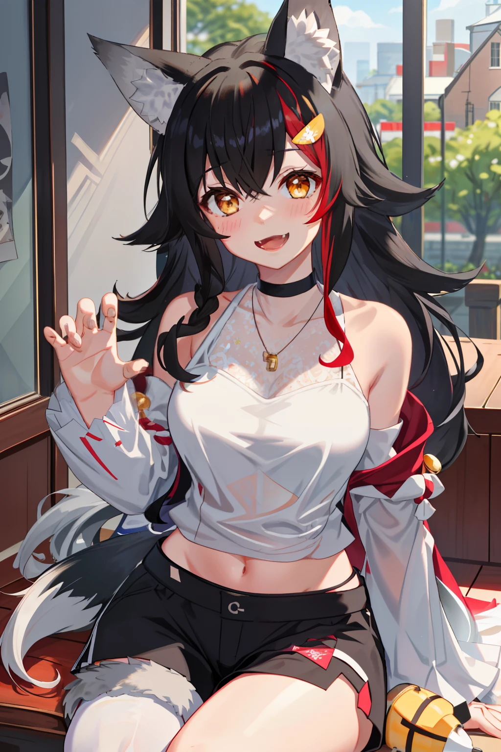 8k, highres, ultra detailed, (masterpiece:1.4), 1girl , animal ear fluff , animal ears , black hair , black shorts , blush , fang , hair between eyes , hair ornament , hairclip , jewelry , large breasts , long hair , long sleeves , looking at viewer , multicolored hair , necklace , open mouth , red hair , see-through , short shorts , sitting , smile , solo , streaked hair , tail , white shirt , wolf ears , wolf girl , wolf tail , yellow eyes, ookami mio (hololive)