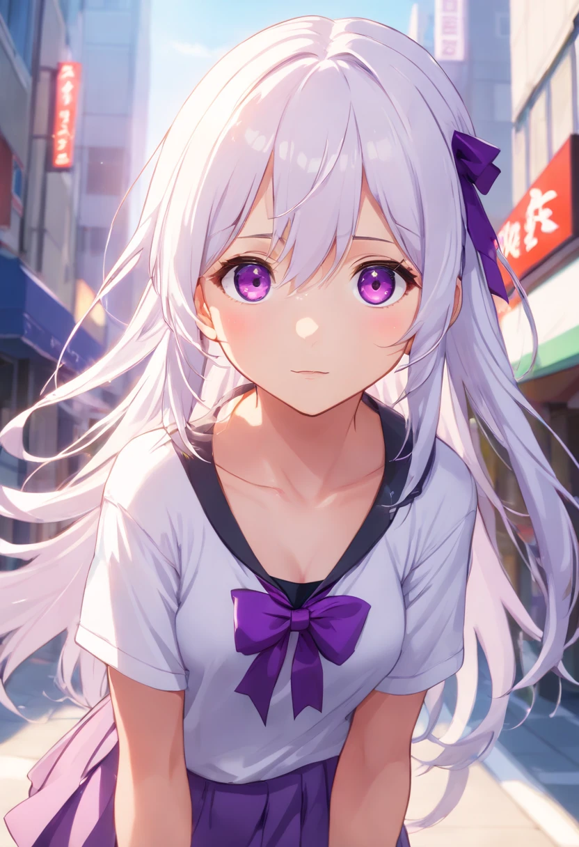 Cute loli, purple eyes, (Long hair), ((white hair)), (((straight hair))), Purple ribbon, flat chest, (Miko), purple pleated skirt, black tanktop, happy, ((kawaii)), (Purple collar), white kneehighs, looking at the viewer, (masutepiece:1.2), Best Quality, High resolution, Unity 8k wallpaper, (Illustration:0.8), (Beautiful detailed eyes:1.6), extra detailed face, Perfect Lighting, anime style
