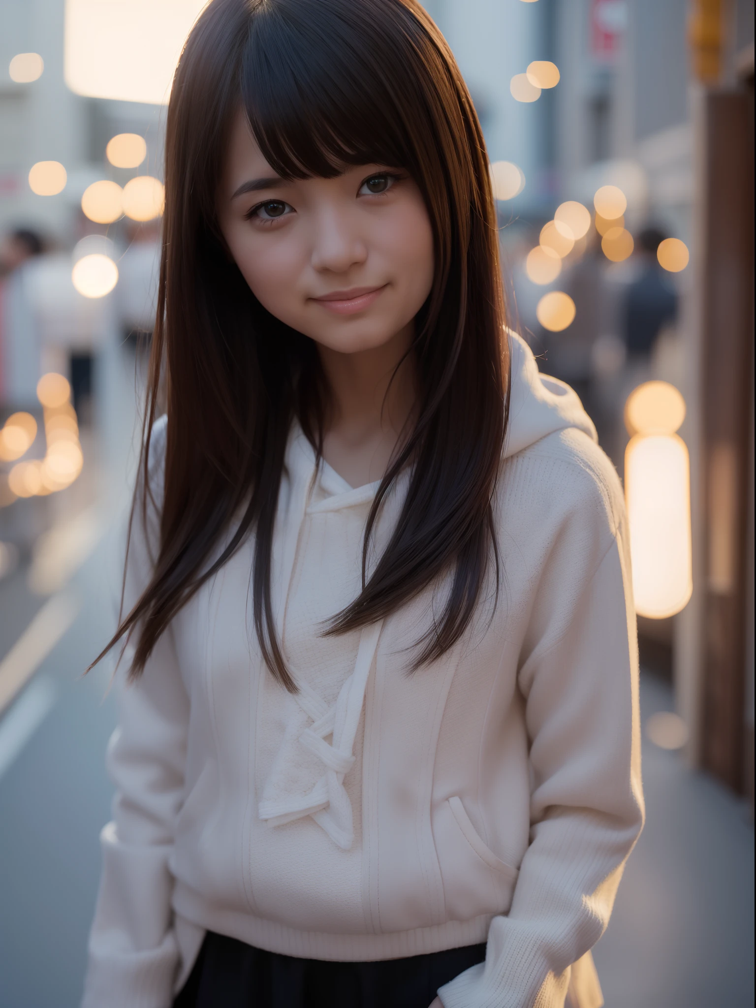 top-quality、​masterpiece、1 girl in、Blonde hairer、Black eye、a miniskirt、on tokyo street、A city scape、The upper part of the body、a closeup、A smile、、(8K、Raw photography、top-quality、​masterpiece:1.2)、(realisitic、photoRealstic:1.37)、Highly detailed eyelash drawing、(((Top image quality))),small tit、Fine skin, (Beautiful hair), top-quality、hight resolution、Happy smile、Happy smile、Standing、a miniskirt、Autumn outfit、nightcity、Autumn outfit、Best Quality,masutepiece,hight resolution,Beautiful eyes,Detailed background,[Backlighting],(Face lighting),[Close View:0.8],(8K、Raw photography、top-quality、​masterpiece:1.2)、(realisitic、Photorealsitic:1.37)、ultra-detailliert、profetional lighting、Sony A7R4、Zessie 50mm f1.8、Rembrandt lighting（Rembrandt lighting）、Autumn outfit、Colorful jumper、with spreading legs、pony tail hairstyle、Winter clothes、snowflakes falling、Please wear a hooded coat、Orange sunset