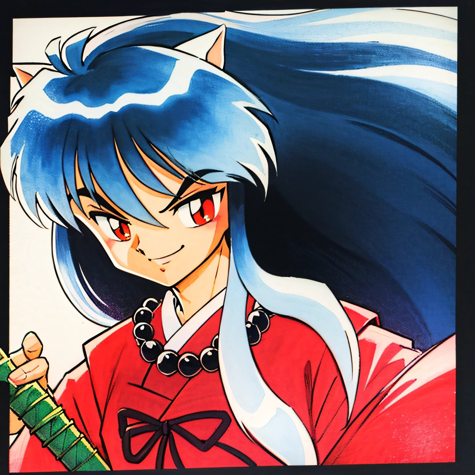 Inuyasha, 1boy, animal ears, solo, male focus, long hair, weapon, white hair, sword, dog ears, japanese clothes, jewelry, necklace, smile, white background, holding, holding weapon, simple background, traditional media, holding sword, katana, wide sleeves, bead necklace, beads,