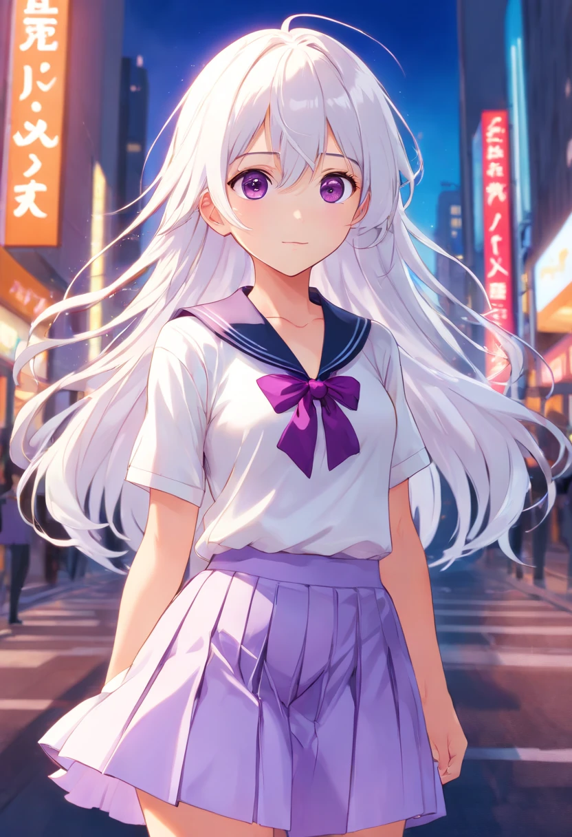 Cute li, purple eyes, (Long hair), ((white hair)), (((straight hair))), Purple ribbon, flat chest, (Miko), purple pleated skirt, black tanktop, happy, ((kawaii)), (Purple collar), white kneehighs, looking at the viewer, (masutepiece:1.2), Best Quality, High resolution, Unity 8k wallpaper, (Illustration:0.8), (Beautiful detailed eyes:1.6), extra detailed face, Perfect Lighting, anime style