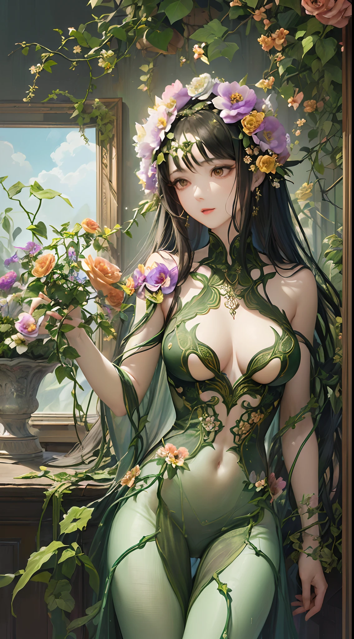 ((Finest quality)),(超A high resolution),(ultra-detailliert),(Meticulous portrayal),((best pictures)),(Finest works of art),Ultra-Precision Art,The art of astounding depiction,Fantasyart:1.5, ((Beautiful flowers々:1.5)),((Vine plants:1.5)), (Body being eroded by flowers:1.3),(Vine tentacles 1.9),Glamorous Body