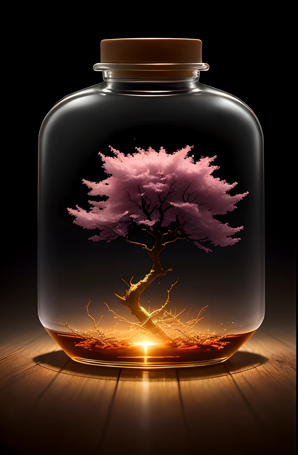 Cherry tree in a bottle,Grows out of the bottle,nipple sticking out,A fluffy,Realistic,Refraction of atmospheric light,Photo by Lee Jeffreys,Nikon D850 Film Stock Photo 4 Kodak Portra 400 Camera F1.6 shots,saturated colors,hyper-realistic realistic texture,dramatic lighting,Unreal Engine trending on ArtStation Cinestill 800,Style-Glass