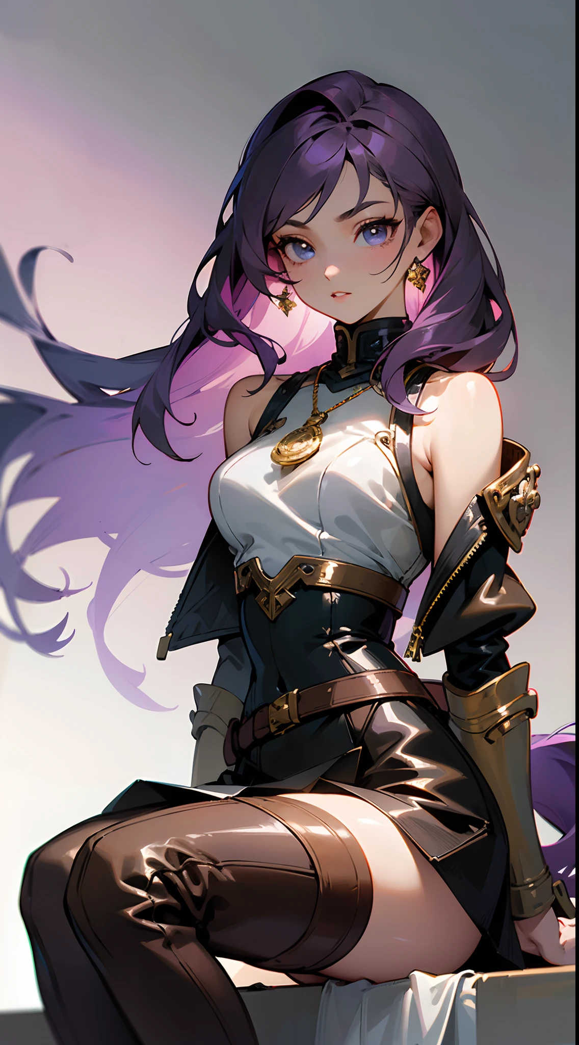 (masterpiece, best quality:1.3),beautiful detailed glow,best illuminate,(((best quality,textile shading,ultra detailed))),extremely detailed CG unity 8k wallpaper,Highly Detailed beautiful and aesthetic,best light,high resolution,detailed,dynamic lighting , 1Character ,  pastel washed out colors , cell shade , soft, muted shades ,gentle colors ,sword art online art style
A deep crimson, fitted leather jacket with intricate silver embroidery that accentuates her curves and features a flattering V-neckline, The jacket has a cinched waist with a black leather belt adorned with an ornate brass buckle, Underneath the jacket, she wears a black, sleeveless, and form-fitting top that complements her figure, knee-length, dark brown leather skirt with a slight flare, The skirt features subtle silver piping and a slit on the side, She wears knee-high, brown leather boots with brass-plated accents,  Valeria wears a delicate, silver chain necklace with a pendant resembling a winged clock, 
Stunning woman , very long hair , purple hair , bright blue eyes , long eye lashes, eye liner , full
Lips , light skin , wavy hair , age 26,