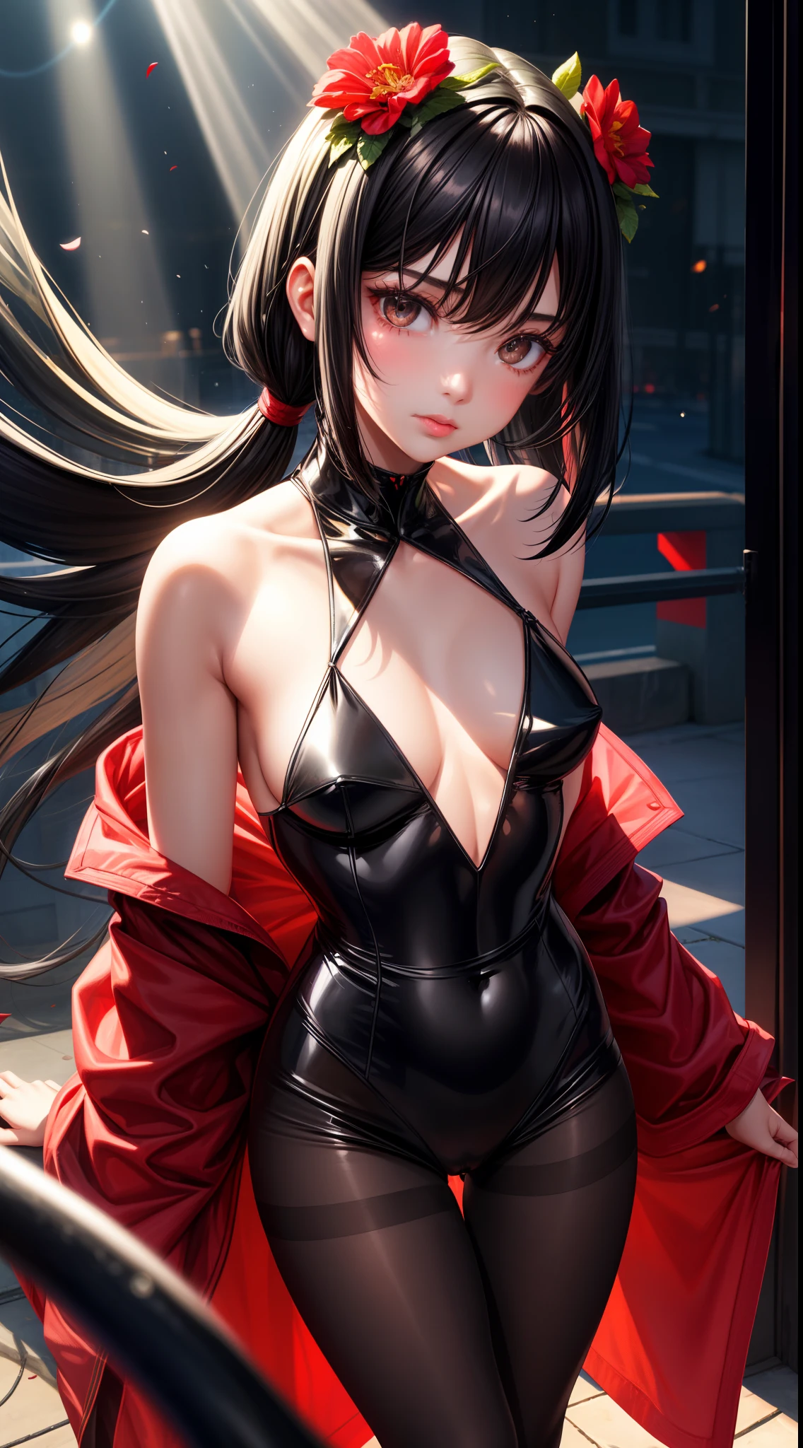realisticlying,1girl,Black hair,Black eyes,glowing light eyes,Black silk transparent tights,parted lip,Be red in the face,the night,fresh flowers,suns,rays of sunshine,