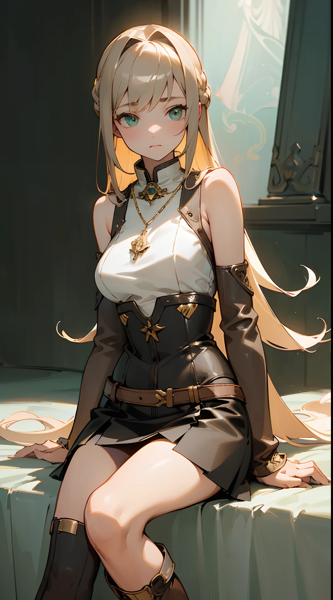 (masterpiece, best quality:1.3),beautiful detailed glow,best illuminate,(((best quality,textile shading,ultra detailed))),extremely detailed CG unity 8k wallpaper,Highly Detailed beautiful and aesthetic,best light,high resolution,detailed,dynamic lighting , 1Character , pastel washed out colors , cell shade , soft, muted shades ,gentle colors ,sword art online art style
A deep crimson, fitted leather jacket with intricate silver embroidery that accentuates her curves and features a flattering V-neckline, The jacket has a cinched waist with a black leather belt adorned with an ornate brass buckle, Underneath the jacket, she wears a black, sleeveless, and form-fitting top that complements her figure, knee-length, dark brown leather skirt with a slight flare, The skirt features subtle silver piping and a slit on the side, She wears knee-high, brown leather boots with brass-plated accents, Valeria wears a delicate, silver chain necklace with a pendant resembling a winged clock,
Beautiful woman , extremely long hair , blonde hair , green eyes , 32,