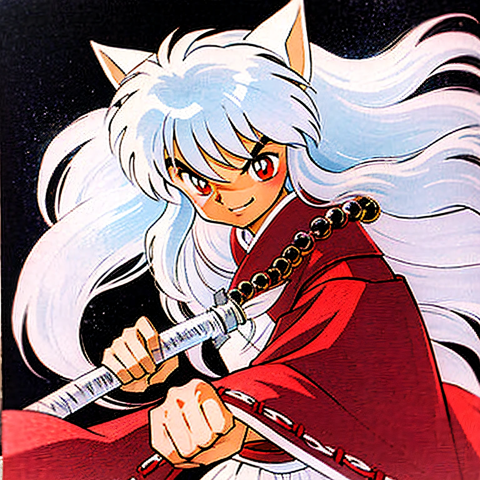 Inuyasha, 1boy, animal ears, solo, male focus, long hair, weapon, white hair, sword, dog ears, japanese clothes, jewelry, necklace, smile, white background, holding, holding weapon, simple background, traditional media, holding sword, katana, wide sleeves, bead necklace, beads,