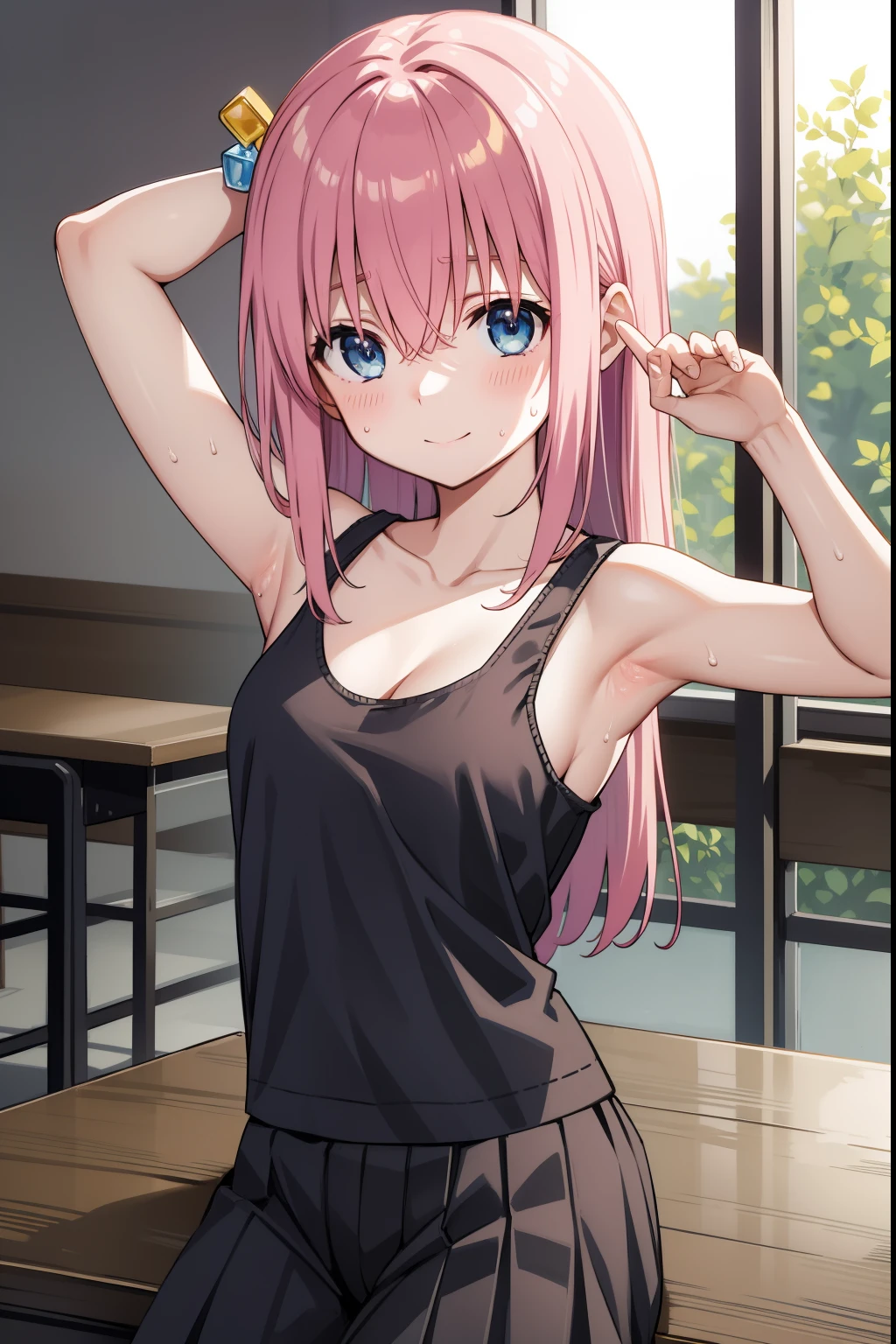 hitorigotou, hitori gotou, blue eyes, cube hair ornament, hair between eyes, hair ornament, pink hair, one side up, long hair,
BREAK black skirt, (black tanktop:1.5), pink pants, pleated skirt, skirt, tanktop
BREAK looking at viewer, arms up, armpits, sweat, sweaty armpits, sitting, on desk, smile
BREAK indoors, classroom,
BREAK (masterpiece:1.2), (perfect hands, perfect anatomy),