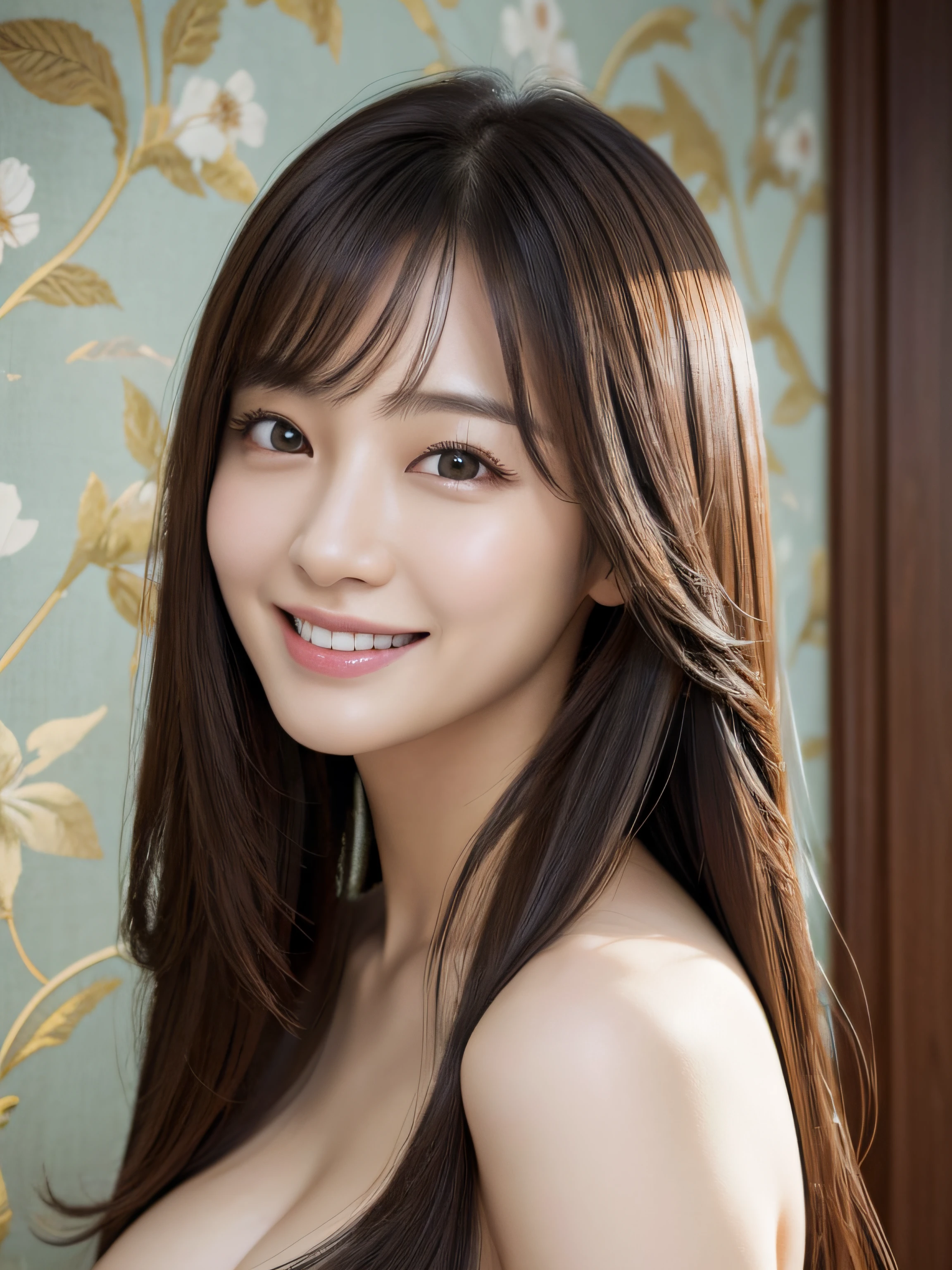 (A hyper-realistic), (Illustration), (High resolution), (8K), (Very detailed), (Best Illustration), (Beautiful and detailed eyes), (Best Quality), (ultra-detailliert), (masutepiece), (Wallpaper), (Detailed face), Facial Pore,Solo,One girl,,nsfw,navel,naked, Fine detail, Detailed face, (detail),(Realistic lighting: 1.1),Ala Fed image of woman with long hair smiling in photo, One adorable Korean face, , Korean female actress, , Cute Korean Actress, Gorgeous young Korean woman,