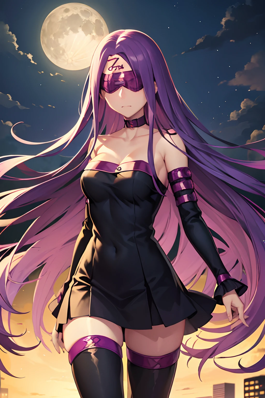 Best Quality, (masutepiece:1.2), Highly detailed,Fate/Stay in the background, Night, Cityscape, city, Moon, Blue theme,Medusa_nffsw,1girl in, Solo, Standing, Looking at the viewer, Closed mouth,absurdly long hair, Purple hair, Floating hair,Dress, Short dress, thighs thighs thighs thighs, Strapless, Blindfold, Detached sleeves, forehead mark, Choker, cleavage