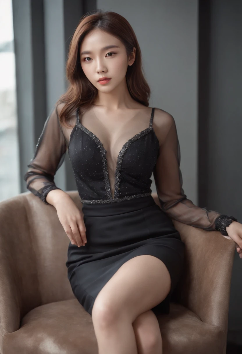 Sitting on chair in black dress, Korean female fashion model, transparent gray skirt, mesh shirt, chrome clothes, shiny silver, lucky I look, big breasts, best quality, masterpiece, super high resolution, realistic,