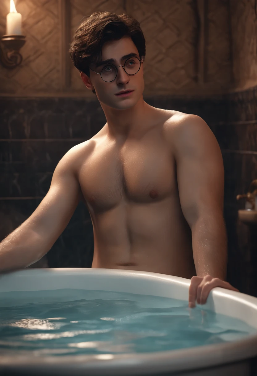 Harry Potter taking a bath. The image implies that he is naked. He is naked in the bath and is looking down at his willy. He is gasping and moaning with pleasure. It is implied that he is pleasuring himself. Realistic 4k realism details