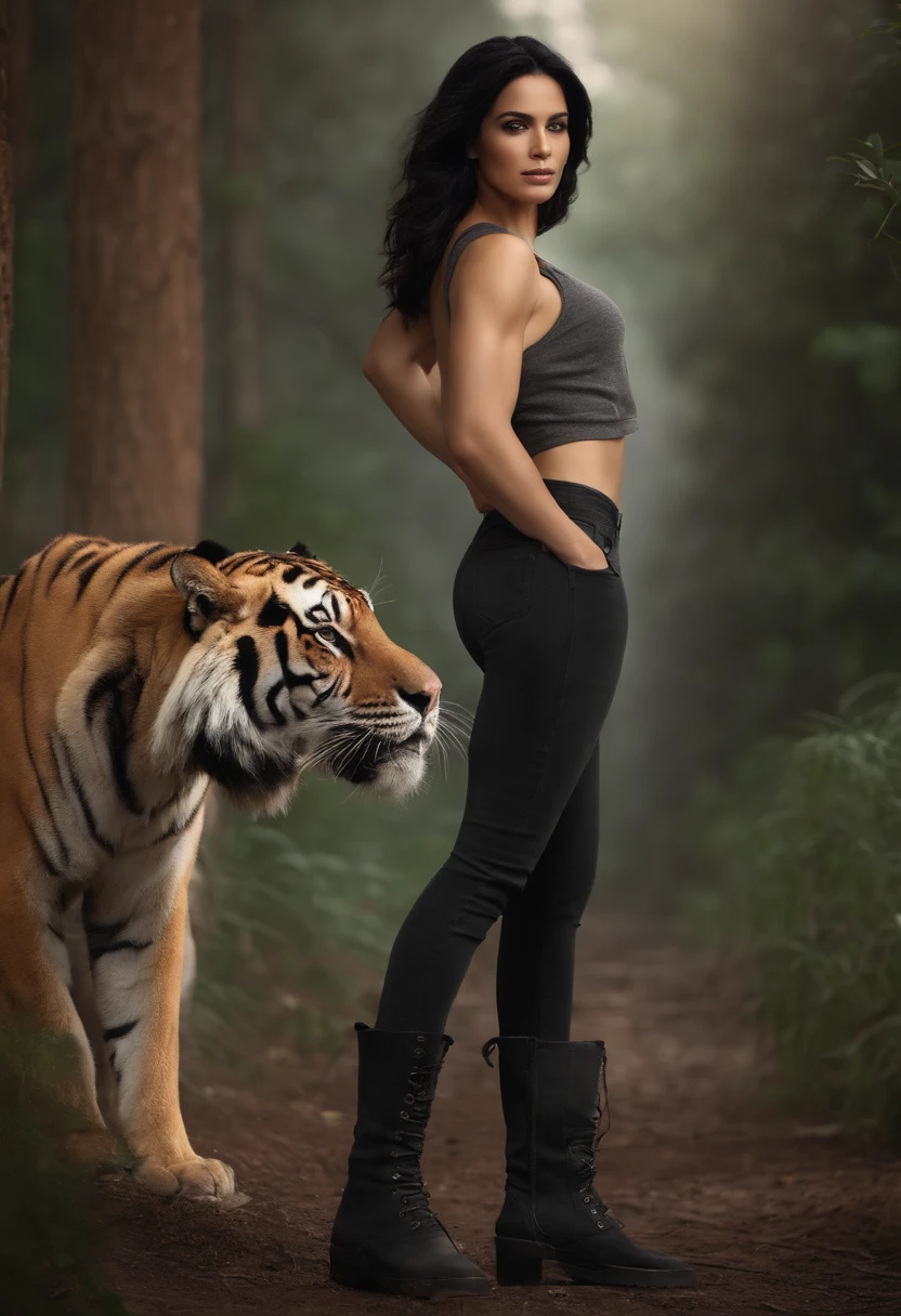 fazer um homem branco musculoso com longo, straight shoulder-length black hair, Standing is wearing a gray tank top and black jeans with boots next to her, a colossus tiger siberiano.