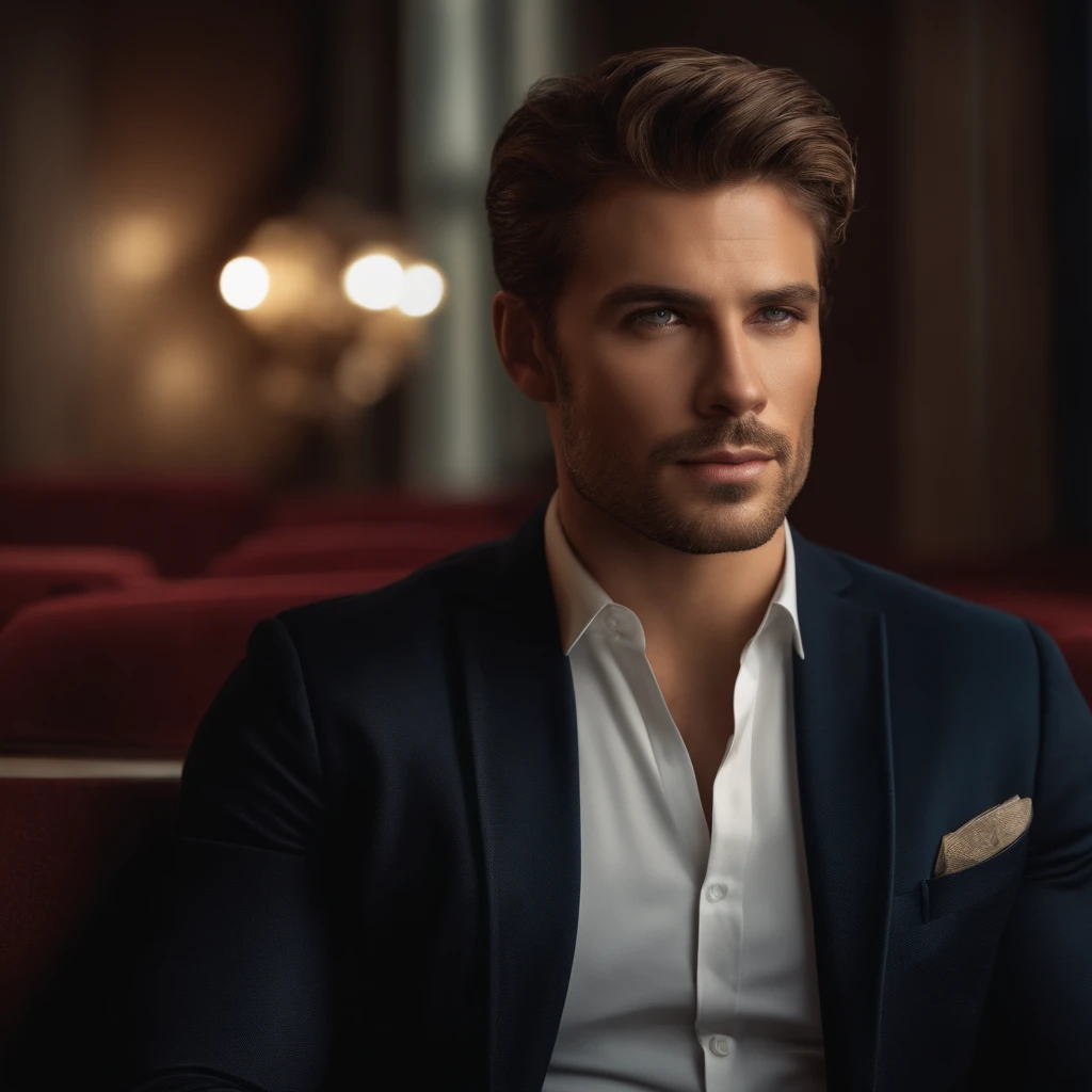 Realistic movie star portrait in a plain environment. Male, Short hair, unshaved, Smart look.