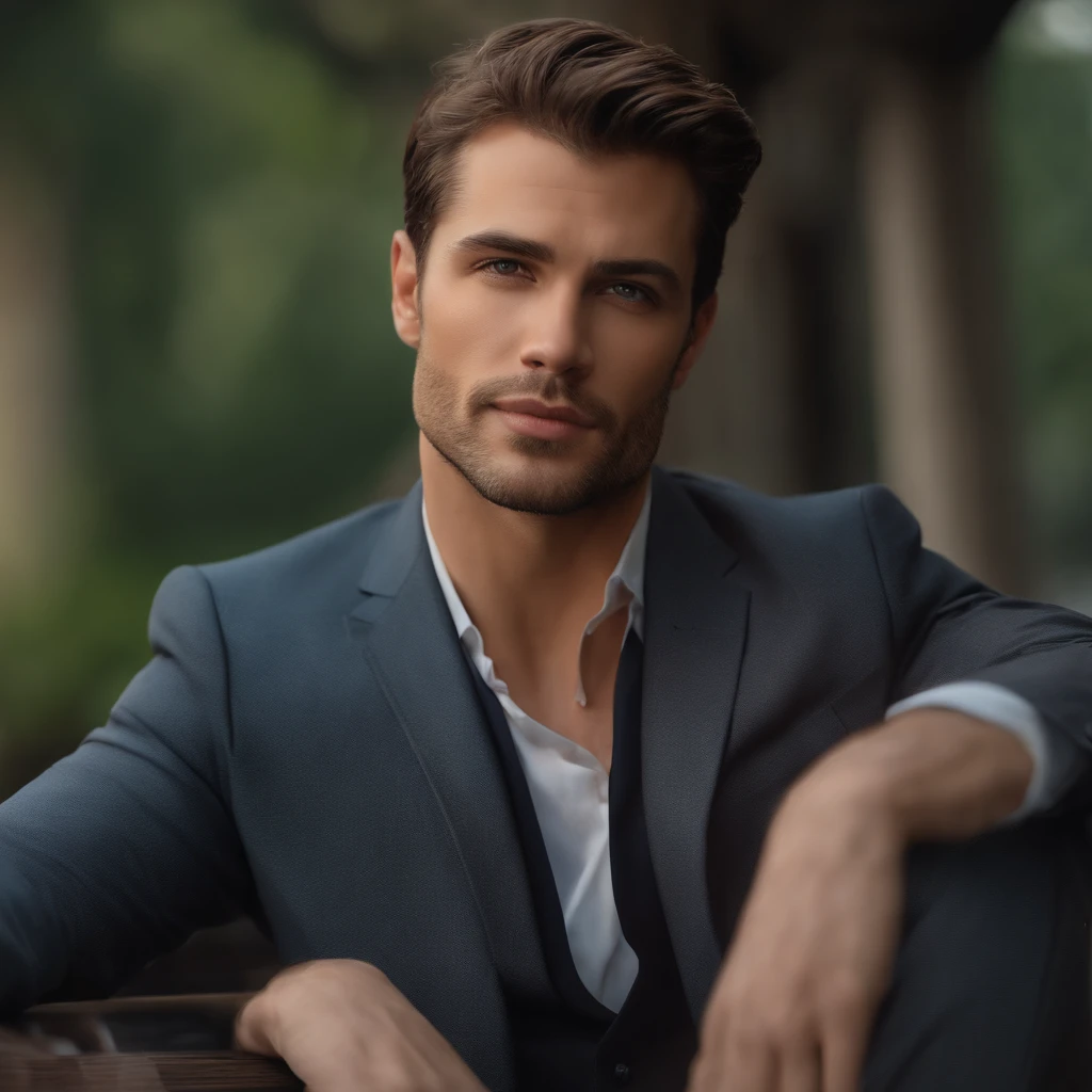 Realistic movie star portrait in a plain environment. Male, Short hair, unshaved, Smart look.
