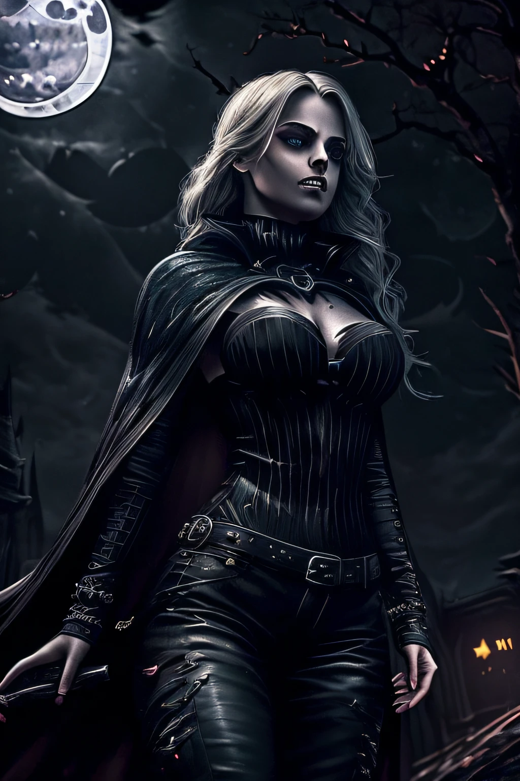 (best quality,ultra-detailed,realistic:1.37), dark and gothic atmosphere, eerie lighting, (((fangs glistening in the moonlight:1.4))), seductive and mysterious expression, bright blue eyes, blonde hair, halter top, leather pants, blood on clothes, blood on body, pale complexion, flowing cape, burning city in the background, bats flying in the sky, dark red color palette, chilling and dramatic ambiance, hauntingly beautiful. gta 6 style,