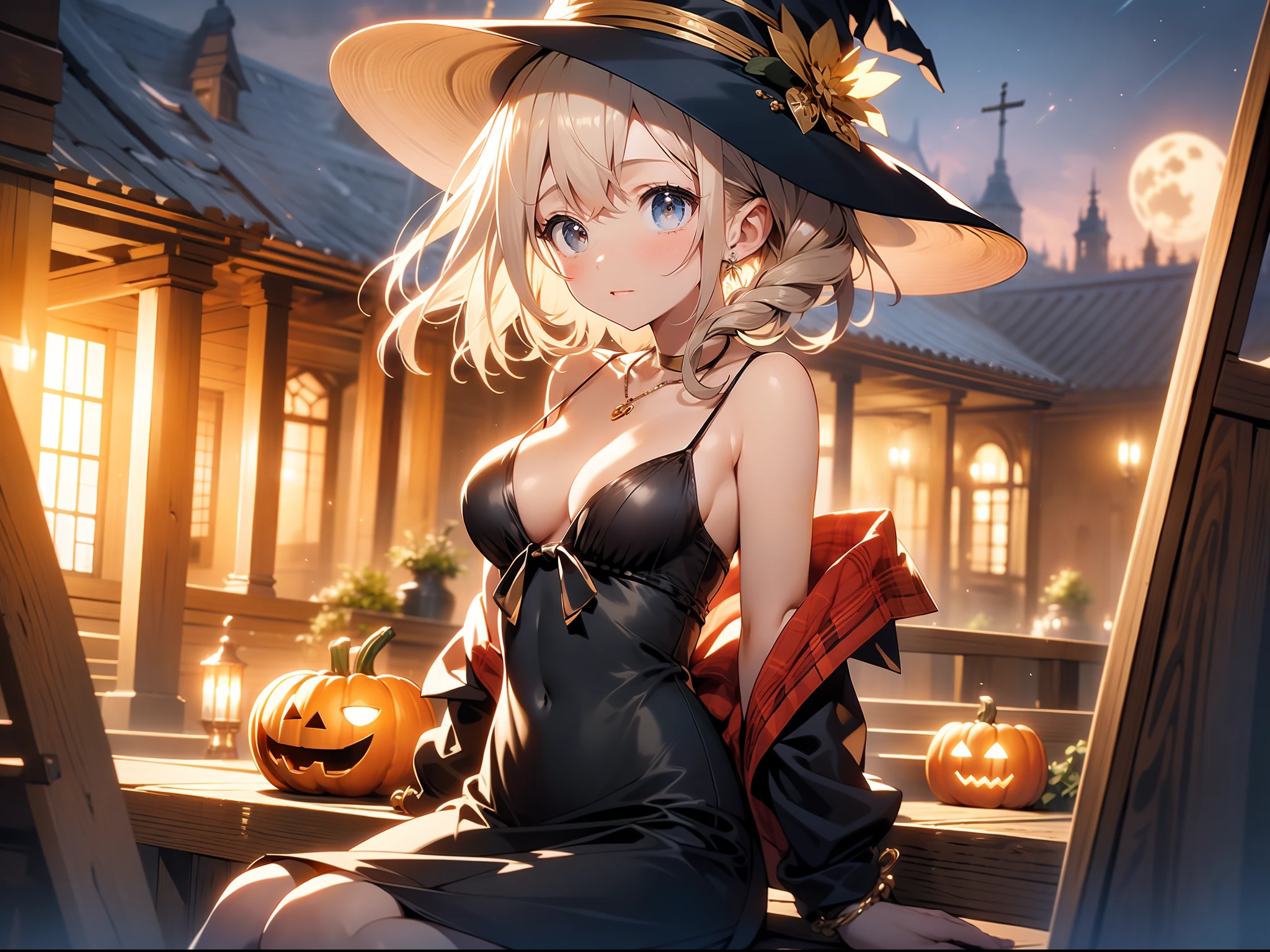 in 8K、top-quality、masterpiece、ultra-detailliert、Ultra-high resolution、((1 persons))、girl with、Halloween、((natta))、fullmoon、witch's hat、a blond、a short bob、Braided hair、Black Dress、cleavage of the breast、bare shoulders、Clean thighs、makeups、eyeshadows、A bracelet、Pendants、Church roof、Sit on the roof