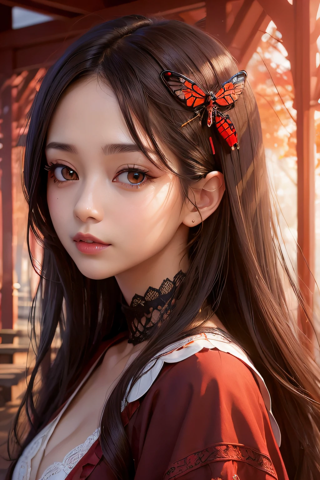 (dark brown eyes:1.2),red dragonfly、Artistic portrait of a beautiful woman、​masterpiece、a park、robe blanche、write、the setting sun