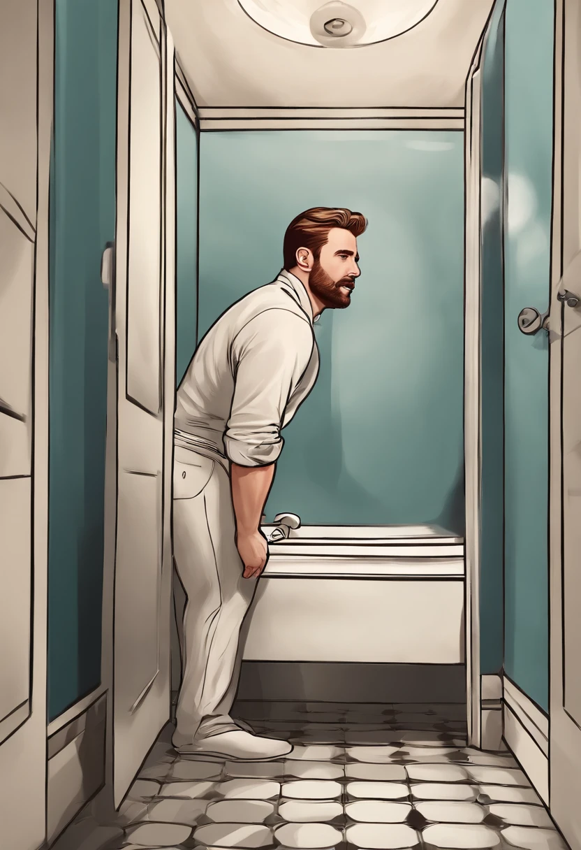 Chris evans in a bathroom on the toilet pleasuring himself. The bottom is slightly blurred with the outline of his willy. He is looking up at the ceiling moaning with his eyes rolling back in his head, and mouth gaping open and slightly smirking open. Realistic. 4k. Realism.