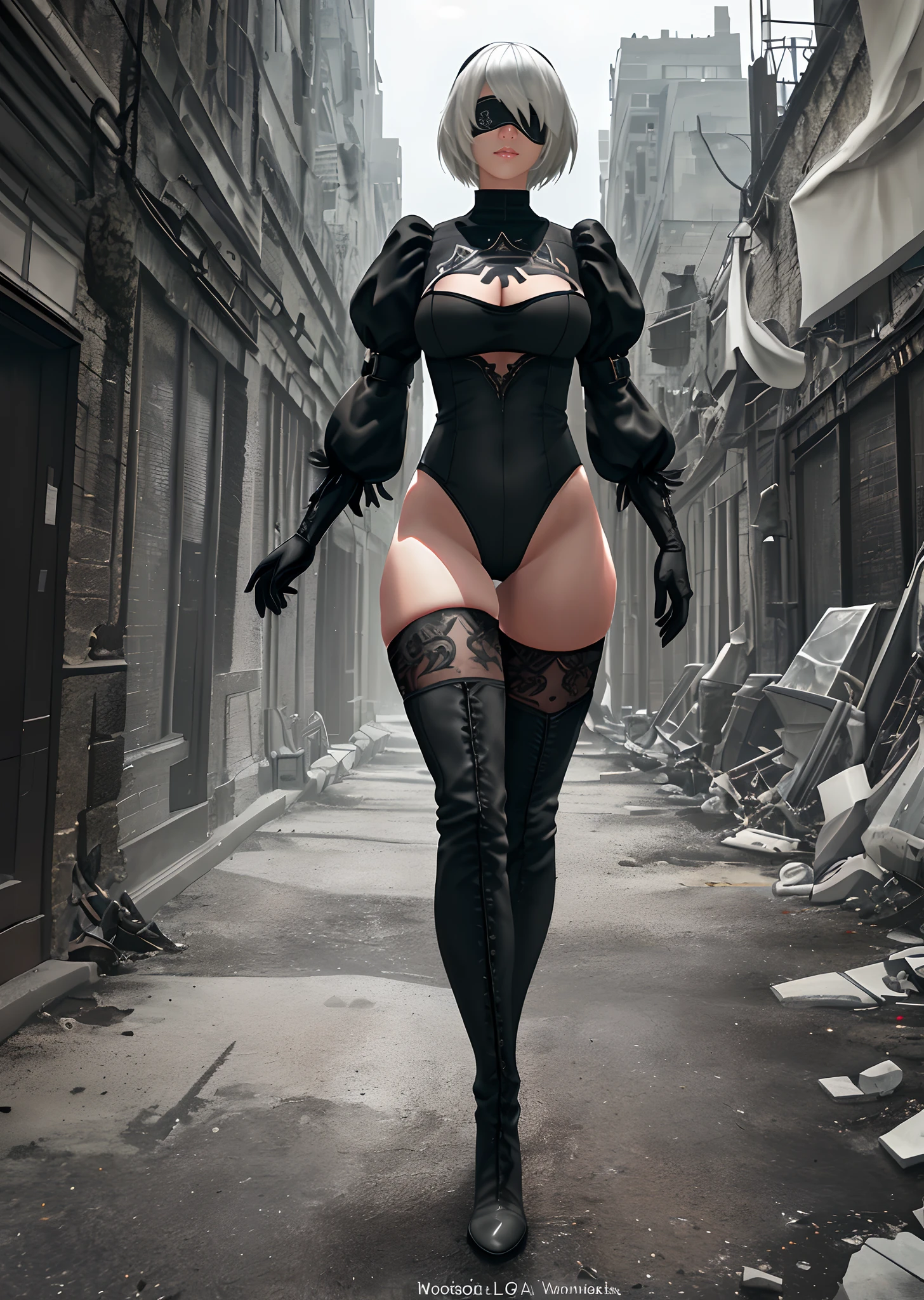 [n_2b], [nier automata], ((masterpiece)), ((HD)), ((high quality)), ((solo portrait)), ((semi-realistic)), ((detailed shading)), ((beautiful render art)), ((cinematic lighting)), ((intricate details)), {(beautiful woman), short white hair, small boobs, (beautiful legs), (beautiful lips), (gorgeous hips), (expressionless)}, {(white leotard), (cleavage), (black blindfold), (black knee-high boots), (opaque black thigh-high socks)}, {(walking), (arms at sides), (looking ahead)}, [Background; (apocalyptic city ruins), (grey sky), (sun rays)]