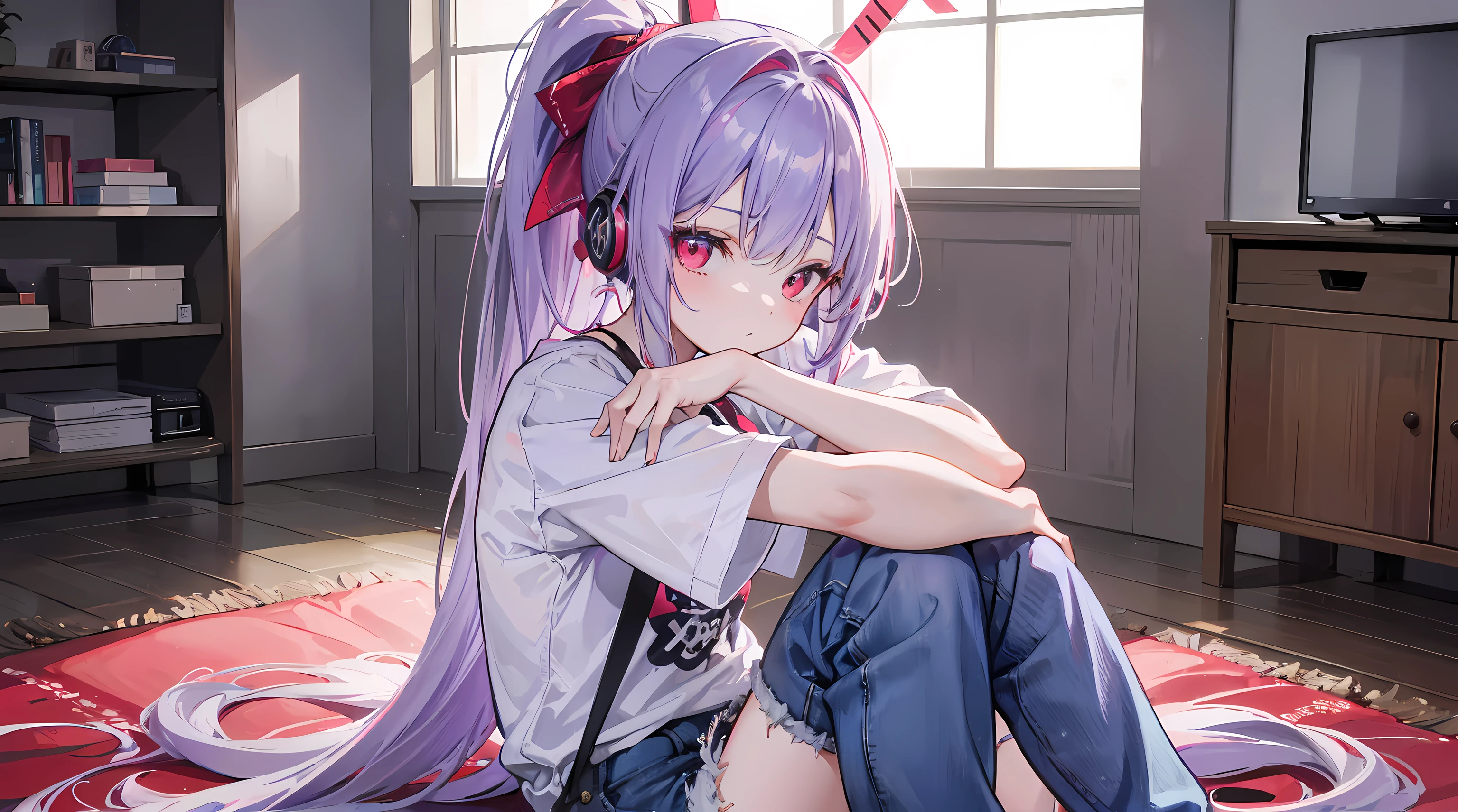 1girl, long lavender hair with ponytail, red eyes, short slanted fringe, wearing cute shirt, wearing headphone, denim shorts, in a room, absurdres, high res, ultrasharp, 8K, masterpiece, looking at viewer