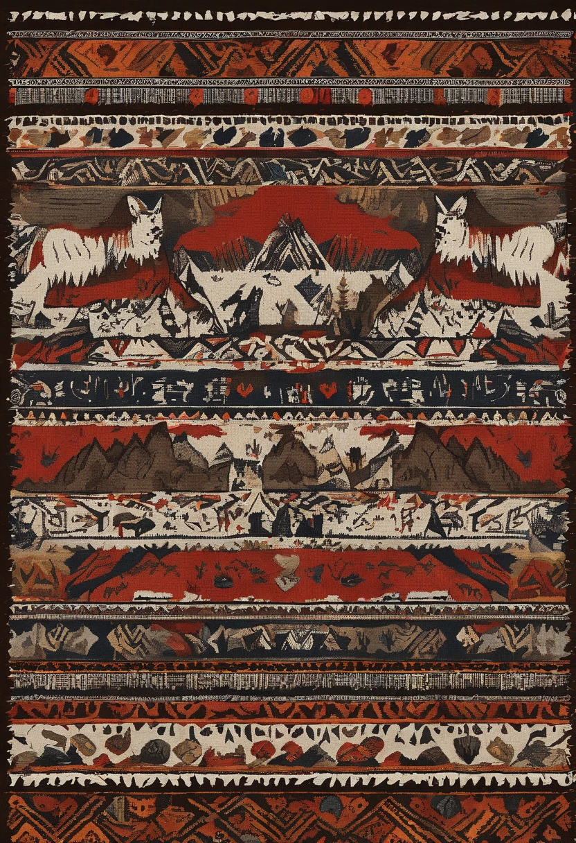 Mountains are printed on the wool felt、Steppe and wolf-shaped totem
