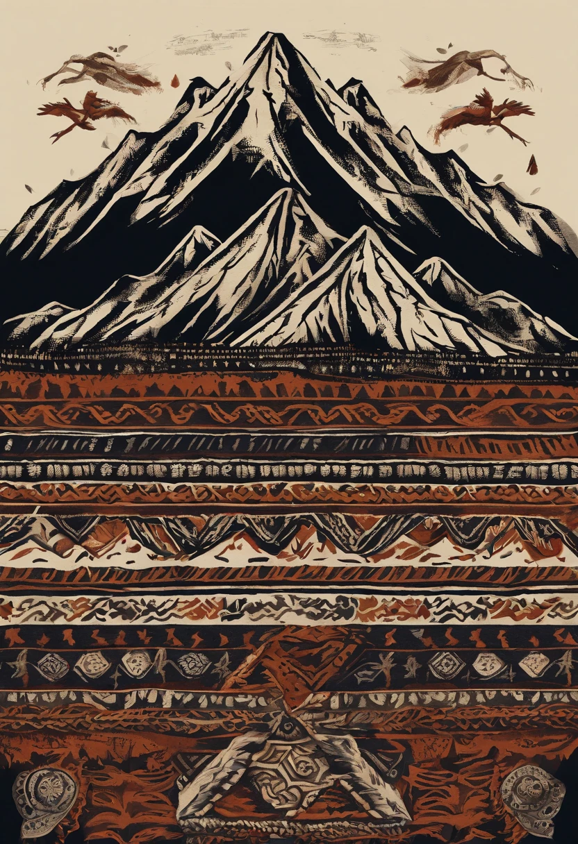 Mountains are printed on the wool felt、Steppe and wolf-shaped totem