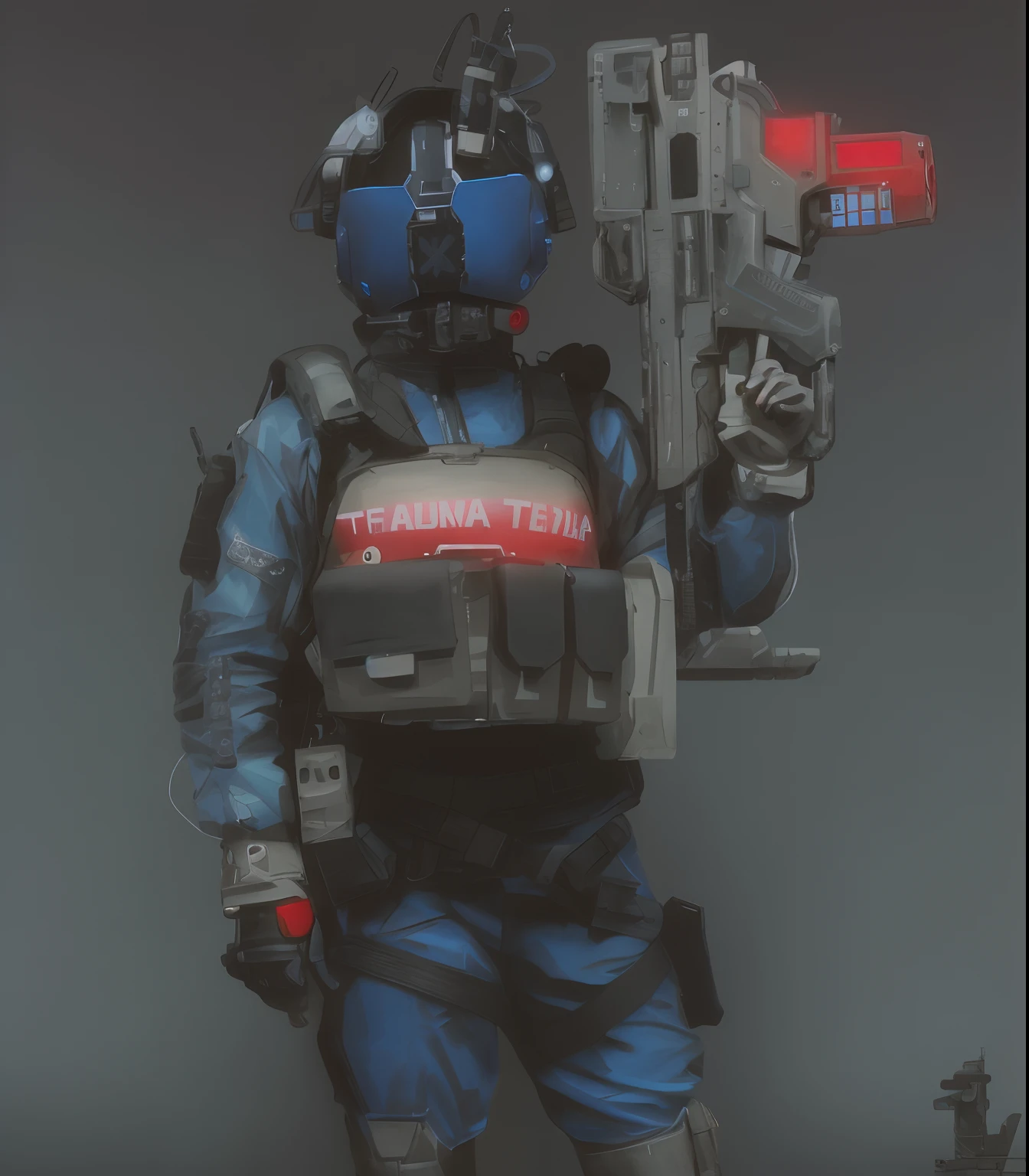 arafed girl in a blue uniform holding a red and white machine gun, trauma, dressed in tactical armor, in style of apex legends, inspired by Simon Stålenhag, heavily armed, clothed in sci-fi military armor, inspired by Doc Hammer, cyberpunk soldier, dystopian sci-fi character, cyberpunk imperial military, simon stalenhag, highly detailed HDR,UHD,8K, masterpiece, best quality, Highly detailed, medium breasts, {1girl}, {combat boots}