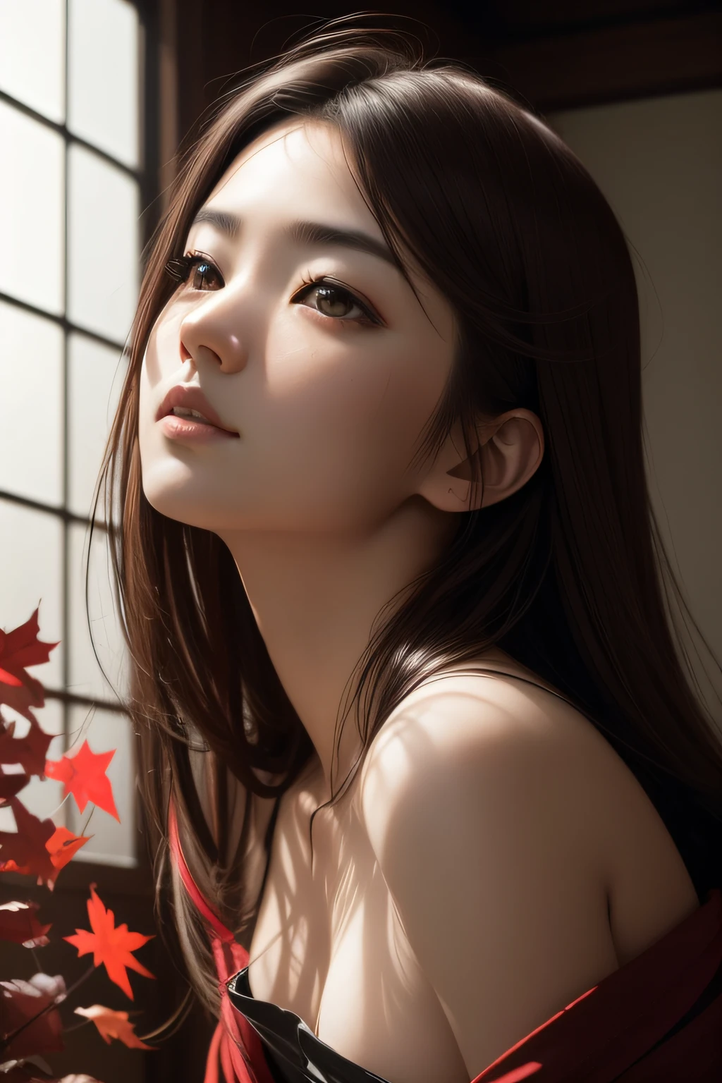 (dark brown eyes:1.2),red dragonfly、Colored leaves、Artistic portrait of a beautiful woman、masterpiece、a park、robe blanche、Write、the setting sun、a woman of agnes cecile、Bright design、PastelColors、Ink dripping、Spring light、Glenn Brown Style Futuristic Room、power of the god、high-angle shot、Dynamic Pose, actionpose, open pose, Dynamic Angle,Analog 150mm lens、Beautiful Natural Soft Rim Light、Dramatic shadows、(Kazuki Umezawa)